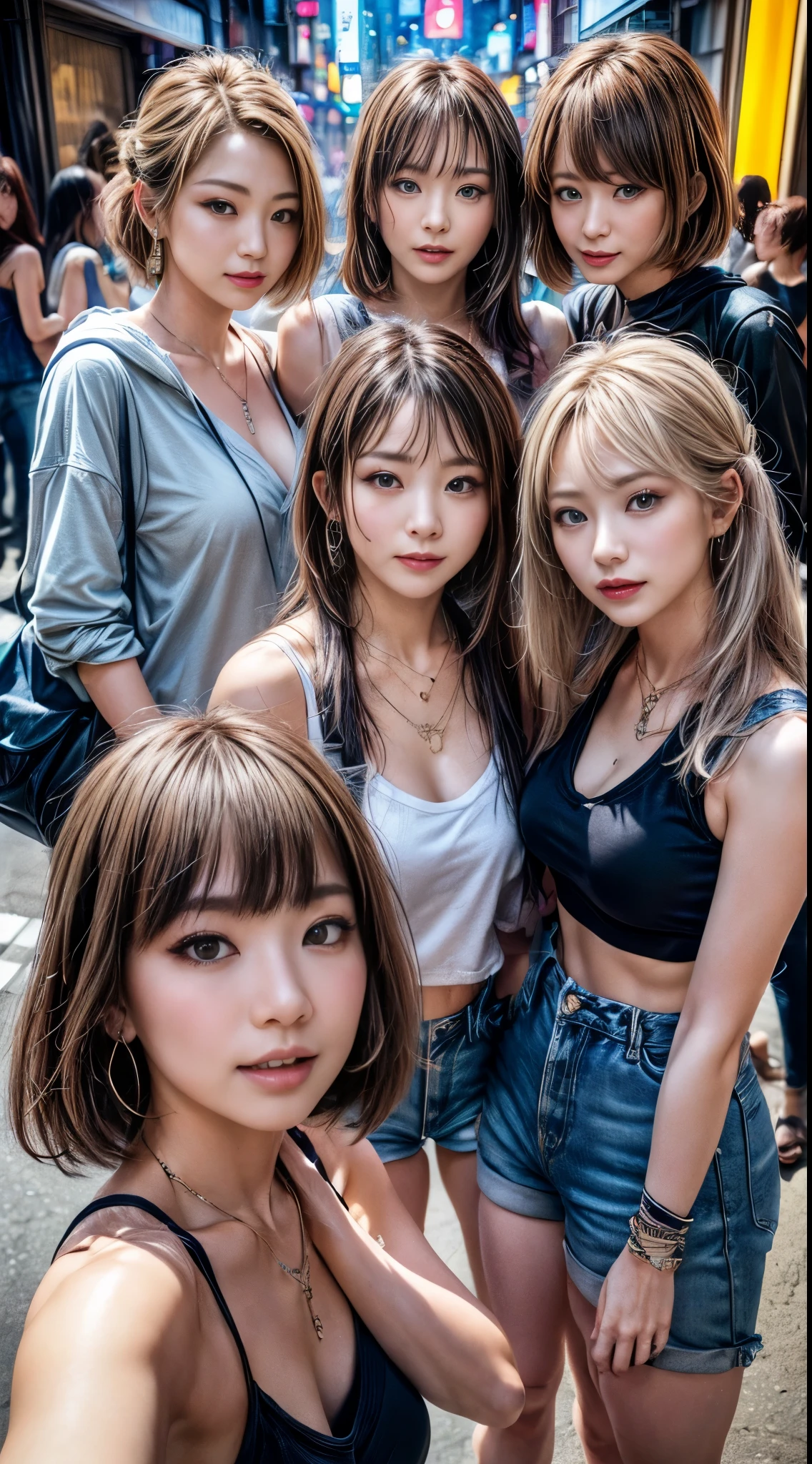 (Five girls with different atmospheres gather together)、multipel Girls、ultra gigantic tits、Laughing、((Everyone has a different hairstyle:1.25))、((Street Fashion))、top-quality、超A high resolution、(Photorealsitic:1.85)、Japanese beautiful eyes、Super beauty、Beautiful breasts、Lovers、Eyes that invite viewers、Lover's perspective、Inviting look、smile、Perfect Style、Perfect balance、Detailed skin、Gentle gaze、Chest visible、((Delicate Photos))，(Detailed RAW photos of girls), (masutepiece:1.25), (Best Quality:1.6), (超A high resolution:1.5), (Photorealsiticです:1.75), 8K resolution, Canon EOS R5, 50 millimeters, absurderes, ultra-detailliert,Cinematic lighting、Different poses、piercings、a necklace、A bracelet、へそpiercings、Shibuya、Neo Tokyo、neon light、hoody、shortpants、1 image