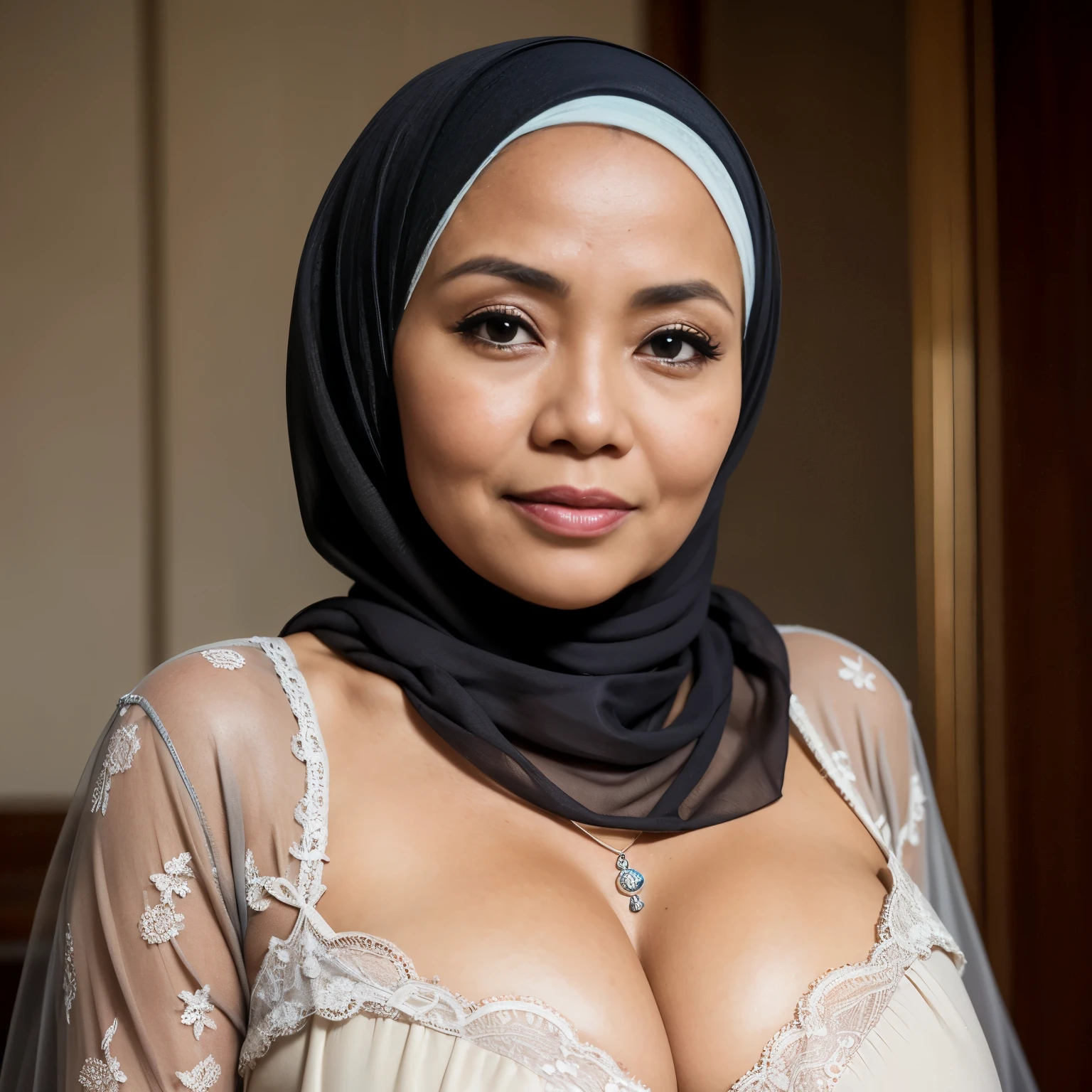 58 Years old, Indonesian mature woman, wearing Wide Hijab, perfect , natural Gigantic Mature breast : 96.9, gorgeous eyes, Soft smile, wear a Lace Gown, No Wearing Bra, necklace, Breast about to burst out.