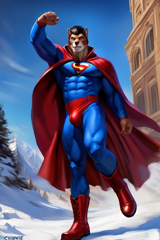 a brown wolf, solo, muscular, wearing blue bodysuit, supermen spandex costume, red cape, red speedo, red boots, by chunie