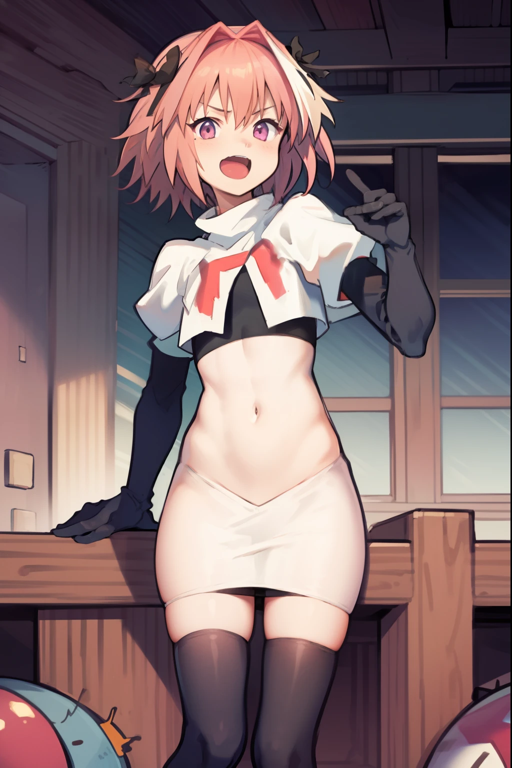 absurdres, masterpiece, best quality, (astolfo fate:1.2155), 1boy, male focus, trap, pink multicolored hair, pink hair, white hair, hair intakes, long hair, pink detailed eyes, crossdressing,1boy, team rocket,team rocket uniform, red letter R, white skirt,white crop top,black thigh-highs,black elbow gloves