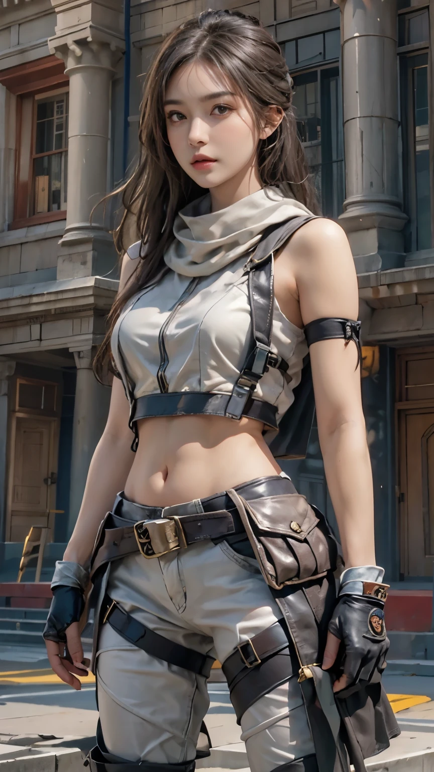 Photorealistic, high resolution, 1 woman, Solo, Hips up, view the viewer, (Detailed face), long hair, SWAT vests, jewelry, medium bust, battlefield outfit, silver outfit, bare stomach and shoulders, bare thigh, building background, walking,,