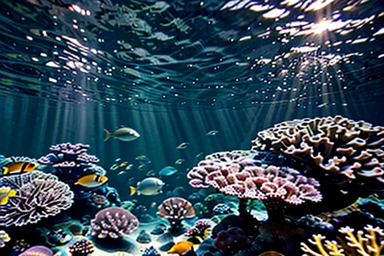 Underwater tropical seabed with reef and sunlight