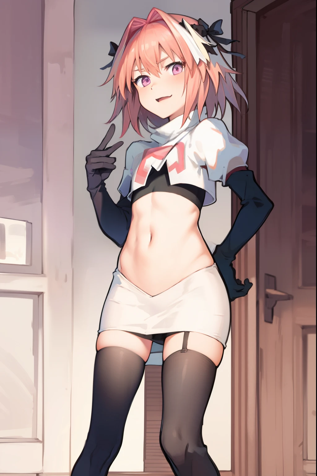 absurdres, masterpiece, best quality, (astolfo fate:1.2155), 1boy, male focus, trap, pink multicolored hair, pink hair, white hair, hair intakes, long hair, pink detailed eyes, crossdressing,1boy, team rocket,team rocket uniform, red letter R, white skirt,white crop top,black thigh-highs,black elbow gloves