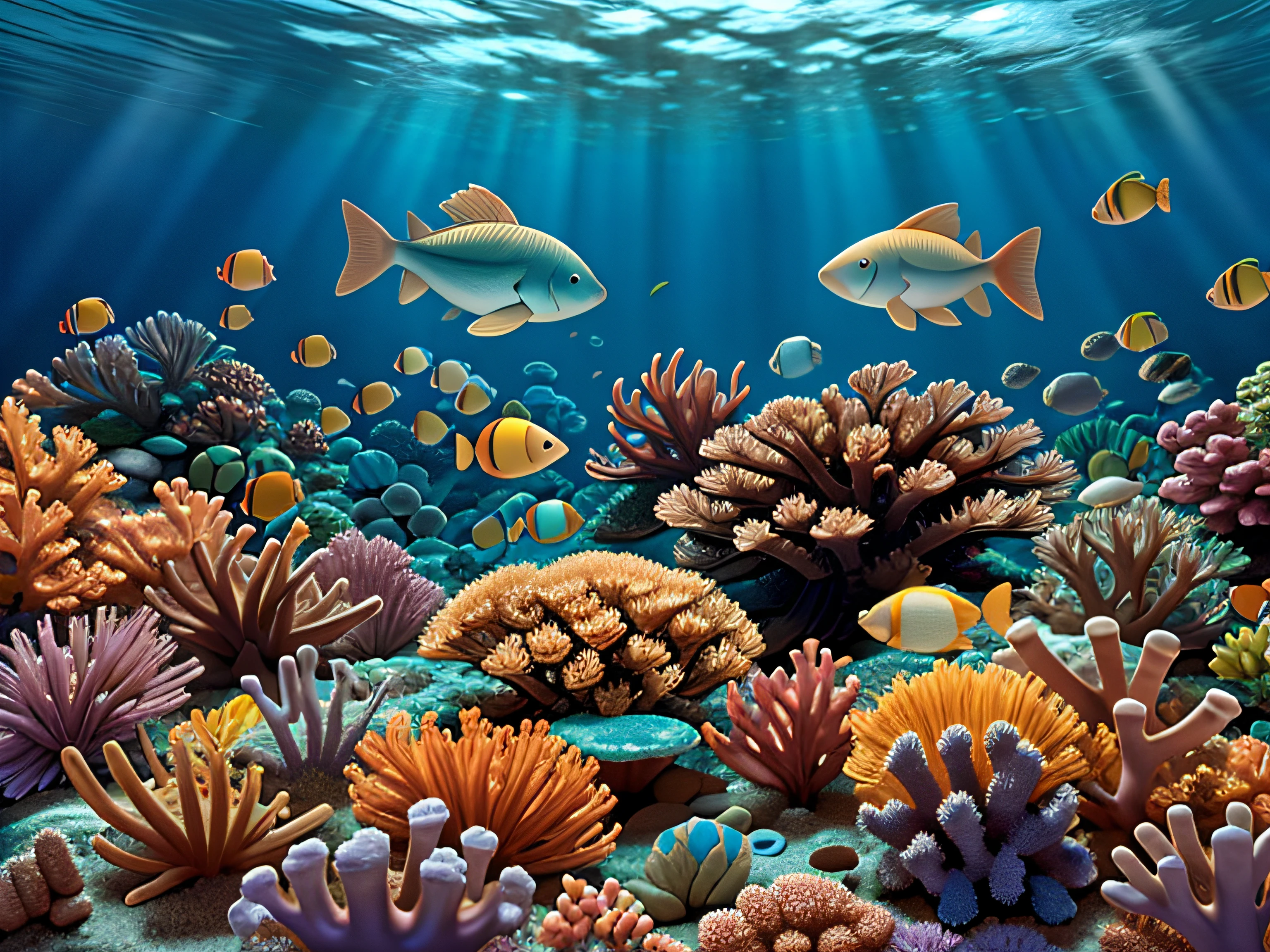 Underwater tropical seabed with reef and sunlight