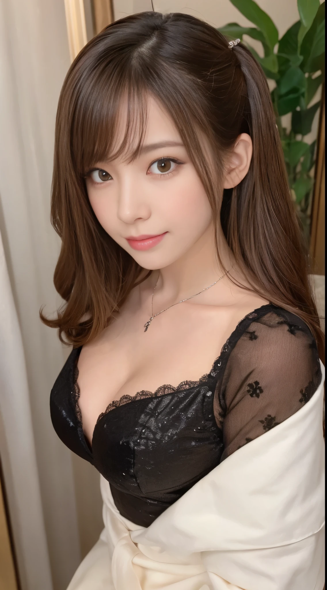 33 year old cute woman､Photos taken by a professional photographer，light brown delicate hair，Medium hair with wavy tips，Fancy makeup with brown eyeshadow，Black dress，round silver necklace，Medium breasts and cleavage，Looking away，Black High Heels，