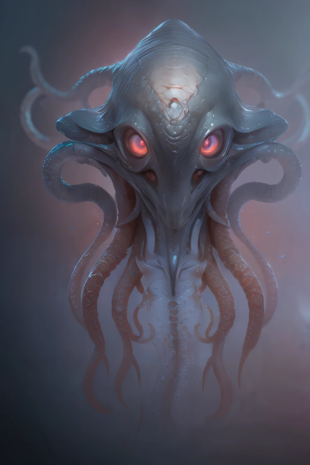 Portrait, (beautiful female alien:1.2),  (she has red eyes with no pupils:1.8), (Translucent skin:1.7),  (There is a female genital-like organ in the middle of the forehead.:1.9), (The most beautiful face in the history of the universe:1.2),an evil gaze that seduces, (large mouth:1.1), (sharp teeth like a vampire:1.2), Full body like, (bio luminescent:1.5), (Smile wickedly:1.3),  (sexypose:1.5), alien, No humans, cells are fused, (Lots of translucent tentacles:1.3) extraterrestrial, cell, bio image, Best Quality, 8K,4K_quality, High Definition, Dramatic Lighting, masutepiece:1.5,cinematic quality, detail up, (Intricate details:1.2), High resolution, High Definition, drawing faithfully, (Thick eyebrows:1.2), Beautiful eyes with fine symmetry,(Highly detailed face and eyes:1.2), Intimate face, (Super detailed skin quality feeling:1.4), Perfect Anatomy,  (Beautiful toned body:1.5),  (Moist skin:1.2), No makeup, (dark circles:1.1), long canines, cinematic drawing of characters, ultra high quality model, cinematic quality, detail up, (Intricate details:1.2), High resolution, High Definition, drawing faithfully, Official art, Unity 8K wall  , 8K Portrait, Best Quality, Very High resolution, ultra detailed artistic photography, midnight aura,  unreal enginee 5, Ultra Sharp Focus, art by alberto seveso, ArtGerm, Roisch, intricate artwork, best quality, masutepiece, ultra High resolution, (photos realistic:1.4), Ultra-realistic realism, dream-like,  nautilus, Creation of fantasy, Snail, Dream Snail,  biopunk nautilus, Thrilling color schemes， Ultra-realistic realism， seductively smiling, Blue tentacles,