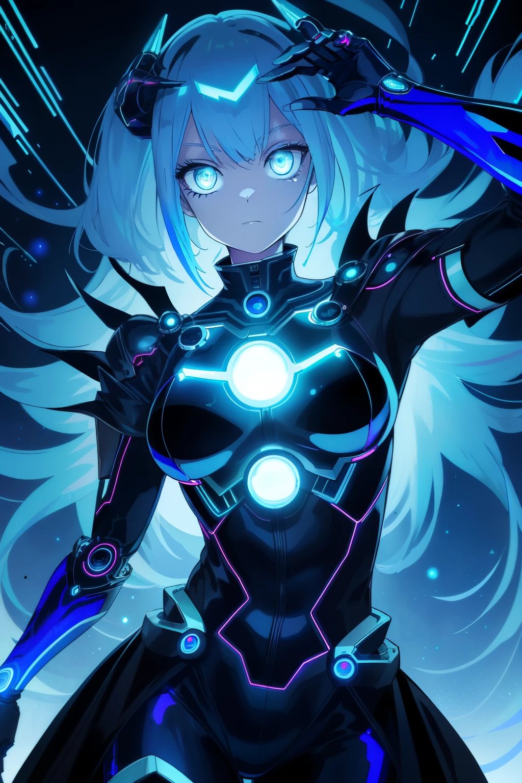 chrometech, metallic female cyborg wearing Patterned Bodysuit, Obsidian Black Necromancer Robe with Phantasmal Orbs: Phantasmal orbs float around the robe, exuding an eerie aura., (Byte Blue,Bright Midnight color background:1.3)