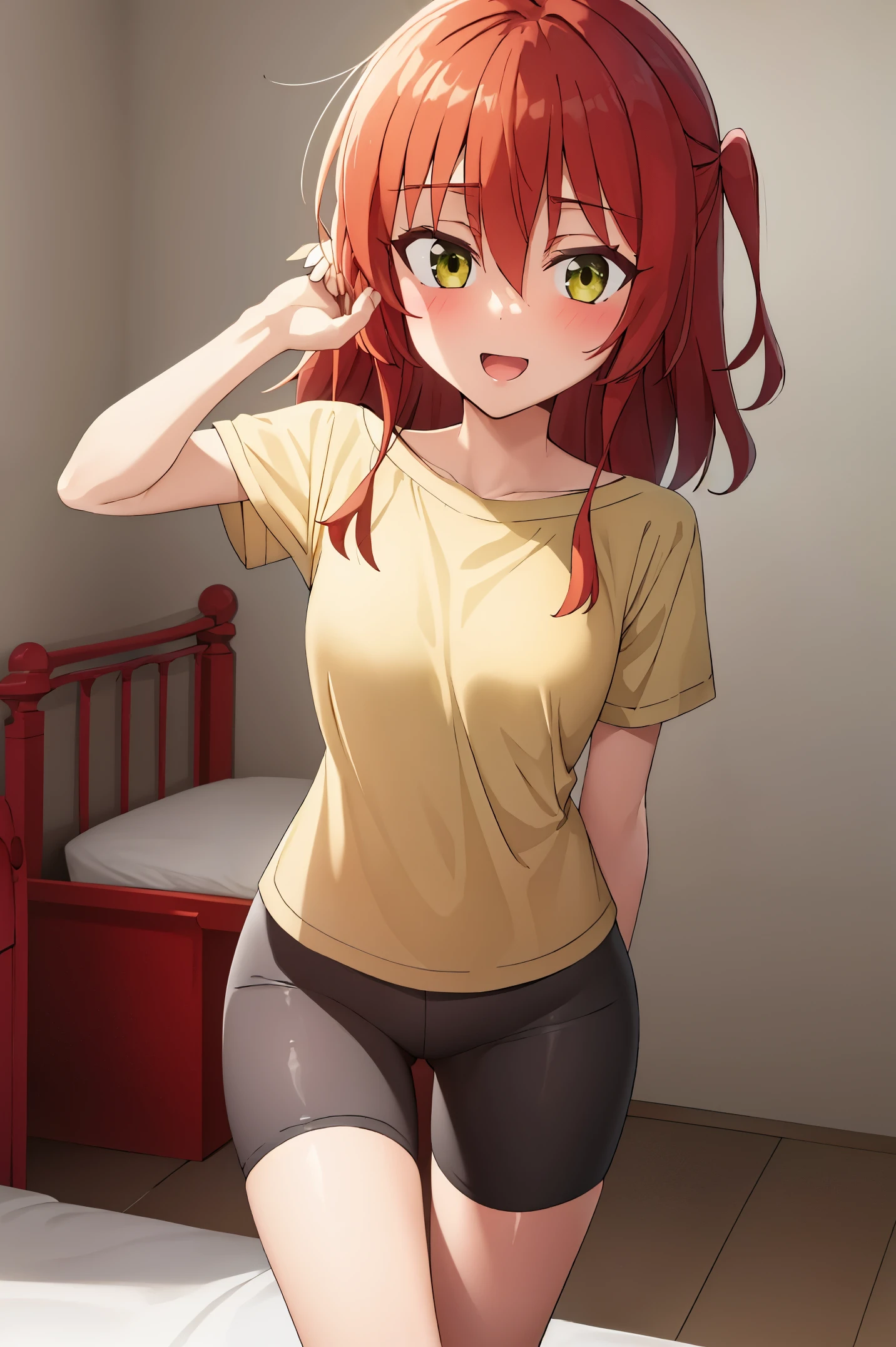1 girl, best quality, ultra high res, long hair, red hair, green eyes, looking at viewers, small breast, standing, pov, slim body, body, small body, smile, open mouth, yellow shirt, short sleeves, bike shorts, bedroom, white bed sheets,