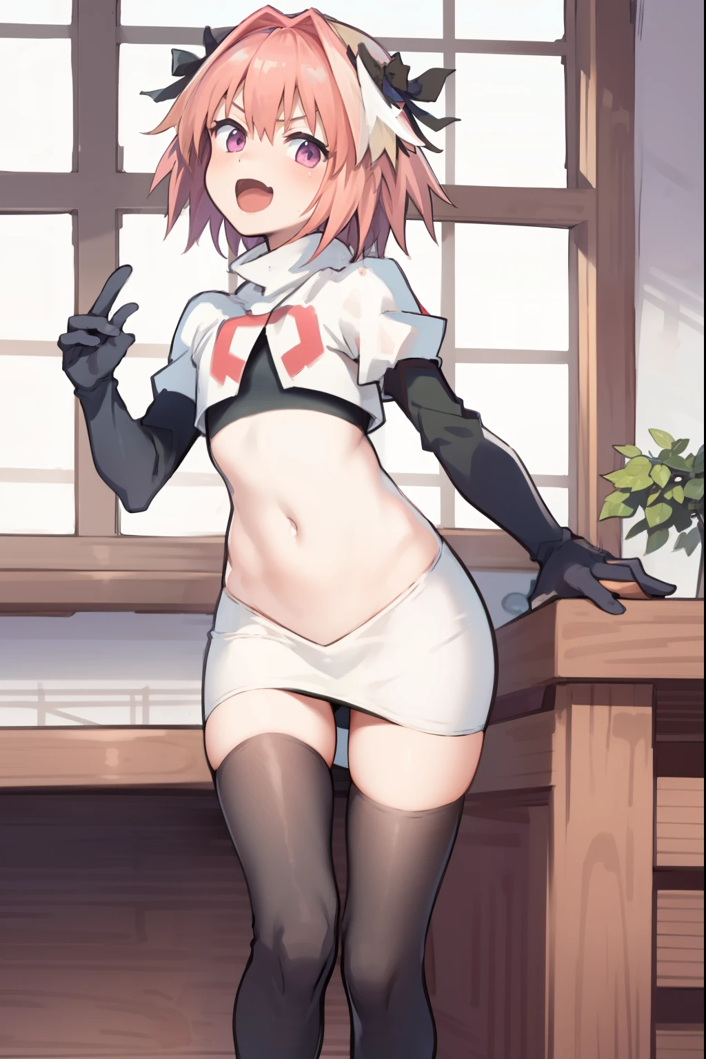 absurdres, masterpiece, best quality, (astolfo fate:1.2155), 1boy, male focus, trap, pink multicolored hair, pink hair, white hair, hair intakes, long hair, pink detailed eyes, crossdressing,1boy, team rocket,team rocket uniform, red letter R, white skirt,white crop top,black thigh-highs,black elbow gloves