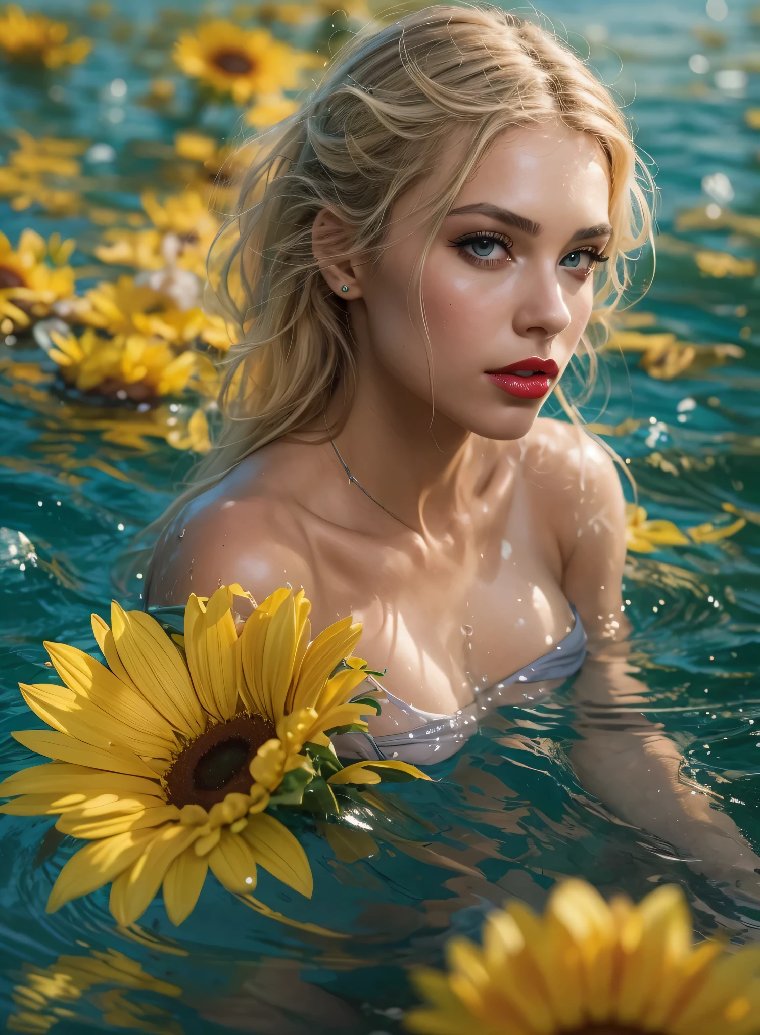 (photorealistic:1.4),8k(Face Focus: 1.1), (Yellow, blue: 1.3), ukrainian girl in a dress that is in the water, closeup fantasy with water magic, fine art fashion photography, sunflowers, roses, monia merlo, inspired by irakli nadar, inspired by irakli nadar, inspired by Franz Xaver Winterhalter, with blooming flowers around her, inspired by Tatiana Hordiienko, jean-sebastien rossbach, karol bak uhd, vynok, vyshyvanka bikni, pom-poms, roses, dreamy, seductive, (very young) (beautiful), blonde hair at length of chin, small breasts, tiny body, skinny body, petite body,, (transparent) (loose) (wet) (singlet) (see through), (no bra), (mini bikini) ,(transparent materials), (red lipstick), (seductive), (erotic), (flirty),(topless:1.5), (full body:1.5)