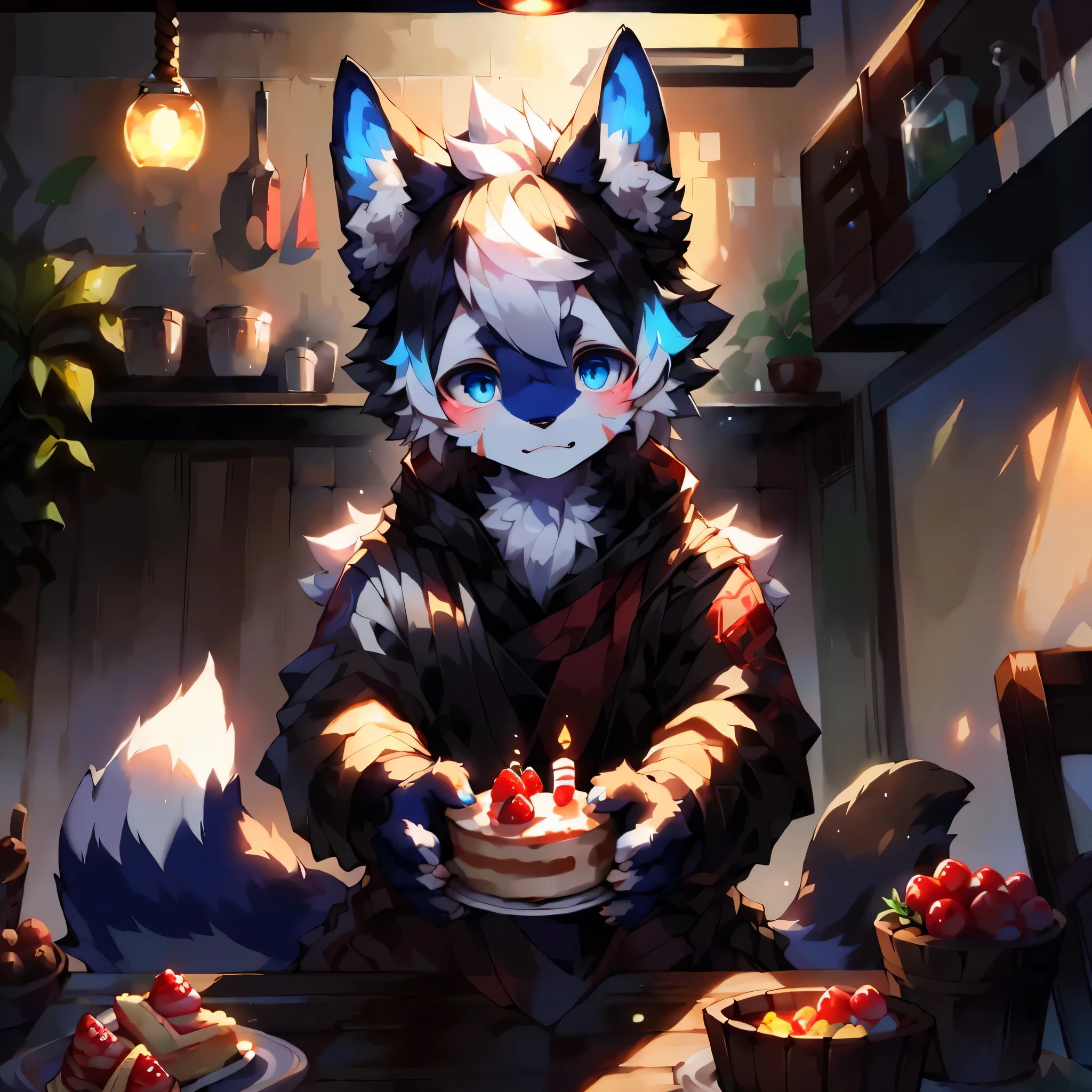 tmasterpiece, High-quality portraits, Highest definition,morden style,perfect litthing,gentlesoftlighting, Complicated details, Soft cord, 16k,（独奏),at the kitchen,A wolf boy with white and black fur,Short gray hair,Blue pupil,There is a cake in front of you,Put the cake in your mouth and taste it,frost on cheeks,rejoice,fluffy mane, Fine villi,clawed paws,clawed paws,potted,vine,leisure wear,morden style厨房,those fruits,verdure