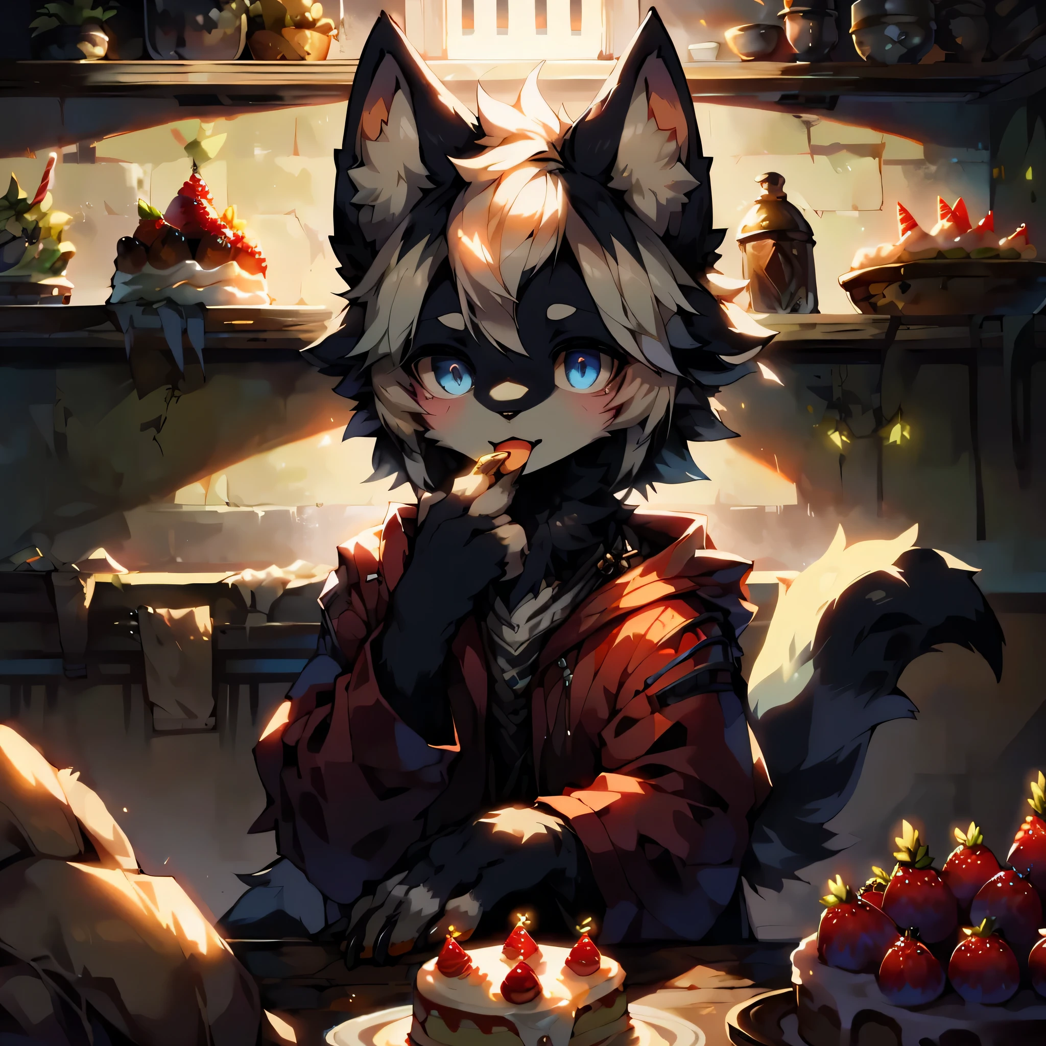 tmasterpiece, High-quality portraits, Highest definition,morden style,perfect litthing,gentlesoftlighting, Complicated details, Soft cord, 16k,(独奏),at the kitchen,A wolf boy with white and black fur,Short gray hair,Blue pupil,There is a cake in front of you,Put the cake in your mouth and taste it,frost on cheeks,rejoice,fluffy mane, Fine villi,clawed paws,clawed paws,potted,vine,leisure wear,morden style厨房,those fruits,verdure