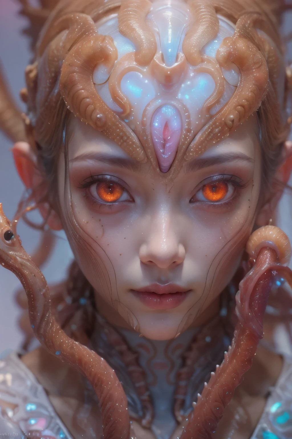 Portrait, (1 beautiful female alien:1.2),  ((There is a female genital-like organ in the middle of the forehead:1.9)), (The most beautiful face in the history of the universe:1.2), (Scarlet eyes that shine mysteriously:1.6), (Translucent skin:1.8), an evil gaze that seduces, (red eyes:1.5), (large mouth:1.1), sharp teeth like a shark, Full body like, (bio luminescent:1.2), (Smile wickedly:1.3),  (sexypose:1.5), alien, No humans, cells are fused, (Lots of translucent tentacles:1.1) (Translucent skin:1.3), extraterrestrial, cell, bio image, Best Quality, 8K,4K_quality, High Definition, Dramatic Lighting, masutepiece:1.5,cinematic quality, detail up, (Intricate details:1.2), High resolution, High Definition, drawing faithfully, (Thick eyebrows:1.2), Beautiful eyes with fine symmetry, (Ultra detailed eyes:1.2),(Highly detailed face and eyes:1.2), (High-resolution red-eye:1.4), Intimate face, (Super detailed skin quality feeling:1.4), Perfect Anatomy,  (Beautiful toned body:1.5),  (Moist skin:1.2), No makeup, (dark circles:1.1), long canines, cinematic drawing of characters, ultra high quality model, cinematic quality, detail up, (Intricate details:1.2), High resolution, High Definition, drawing faithfully, Official art, Unity 8K wall  , 8K Portrait, Best Quality, Very High resolution, ultra detailed artistic photography, midnight aura,  unreal enginee 5, Ultra Sharp Focus, art by alberto seveso, ArtGerm, Roisch, intricate artwork, best quality, masutepiece, ultra High resolution, (photos realistic:1.4), Ultra-realistic realism, dream-like,  nautilus, Creation of fantasy, Snail, Dream Snail,  (biopunk nautilus:1.3), Thrilling color schemes， Ultra-realistic realism， seductively smiling, Blue tentacles, Creatures that mimic humans
