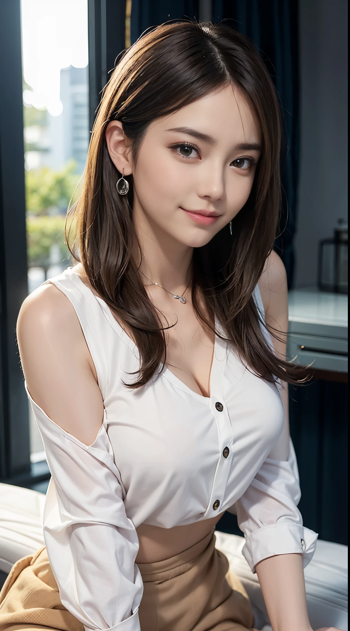 masutepiece, Best Quality, Photorealsitic, finely detail, hight resolution, 8K Wallpapers, Perfect dynamic composition, foco nítido, A hyper-realistic, Beautiful detailed eyes, Medium Hair, large full breasts, Random and sexy poses, Bring your chest together, (colorful o-neck knit tank top, wide open cleavage:1.4, High cut pantier east bulge:1.2,(Emphasizes cleavage, Tank top with a clear view of the chest:1.3)), A smile, open open mouth, Resort scenery, 25-years old, (drooing eyes:1.4), Beauty, japanes, Chain Necklace, large earring, Shooting from front