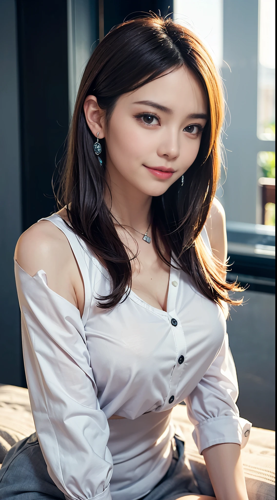 masutepiece, Best Quality, Photorealsitic, finely detail, hight resolution, 8K Wallpapers, Perfect dynamic composition, foco nítido, A hyper-realistic, Beautiful detailed eyes, Medium Hair, large full breasts, Random and sexy poses, Bring your chest together, (colorful o-neck knit tank top, wide open cleavage:1.4, High cut pantier east bulge:1.2,(Emphasizes cleavage, Tank top with a clear view of the chest:1.3)), A smile, open open mouth, Resort scenery, 25-years old, (drooing eyes:1.4),  Beauty, japanes,  Chain Necklace, large earring, Shooting from front