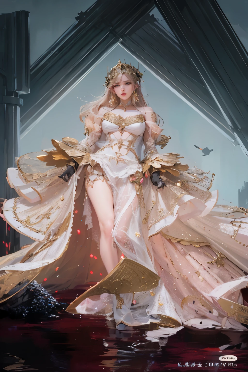 One in a skirt、Close-up of a woman with a crown on her head, clothed in ethereal armor, Fantasy costumes, complex clothing, robe. extremly high detail, gilded outfit, ((beautiful fantasy empress)), Wearing ethereal armor, very detailed and rich clothing, Angelic golden armor, wearing fancy clothes, beautiful fantasy empress