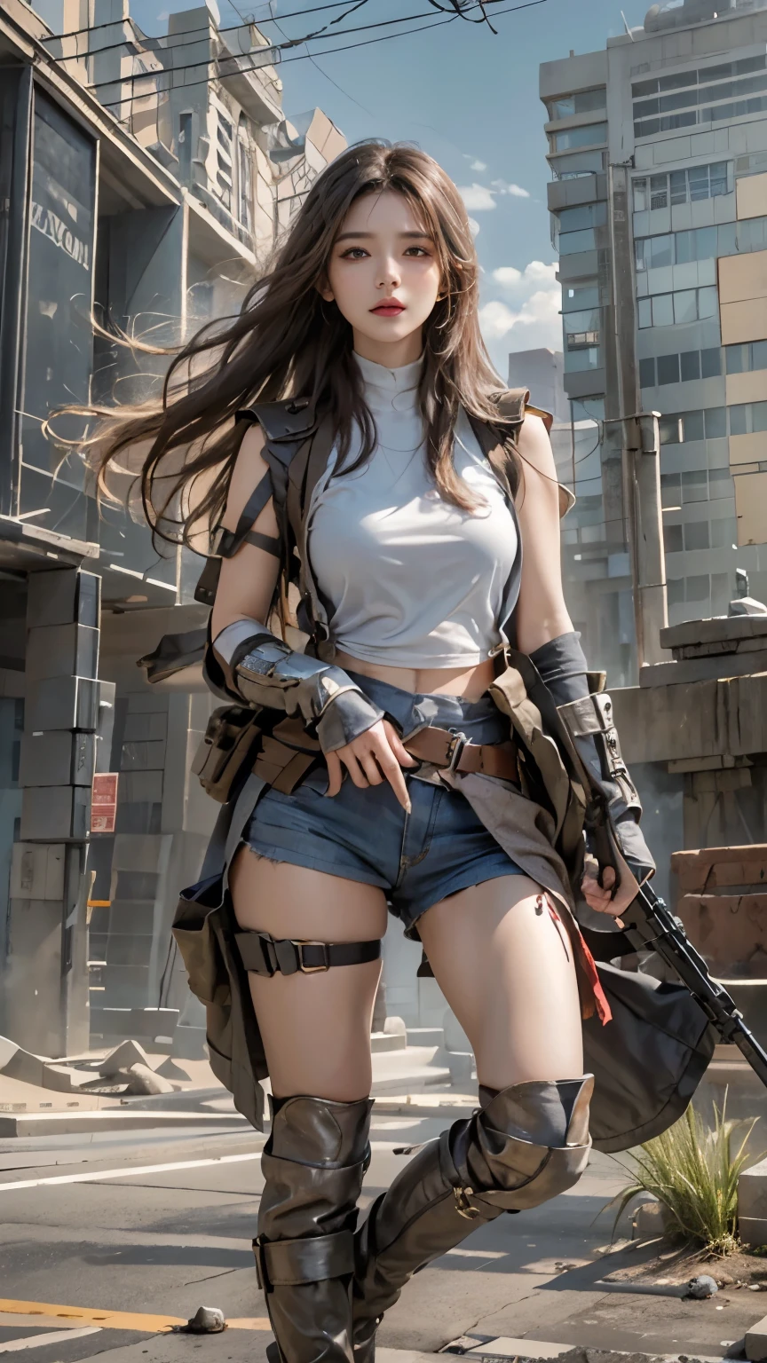Photorealistic, high resolution, 1 woman, Solo, Hips up, view the viewer, (Detailed face), long hair, SWAT vests, jewelry, medium bust, battlefield outfit, silver outfit, bare stomach and shoulders, bare thigh, building background, walking,,