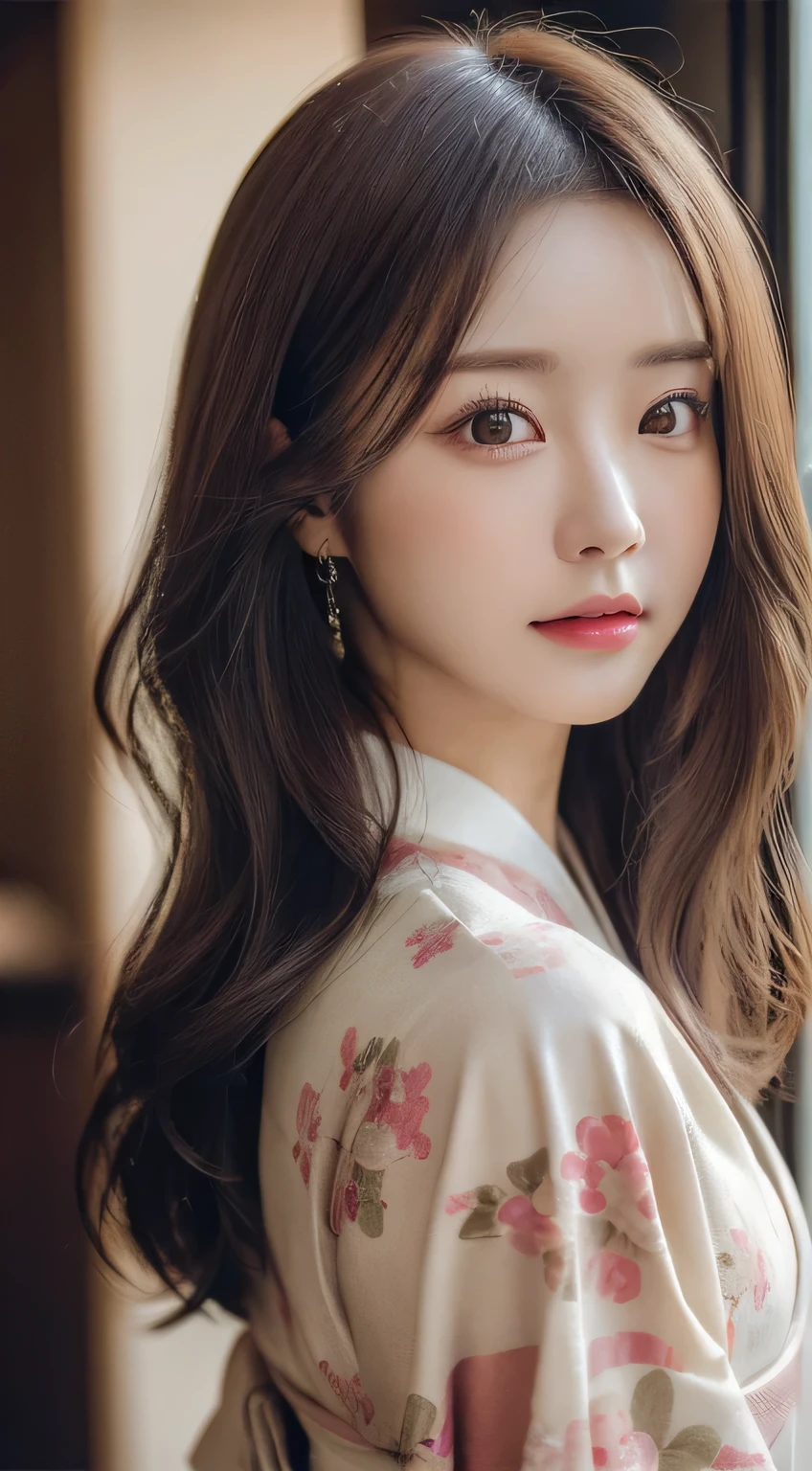 (Kimono）、(23years old)、(top-quality,​masterpiece:1.3,超A high resolution,),(ultra-detailliert,Caustics),(Photorealsitic:1.4,RAW shooting,)Ultra-realistic capture,A highly detailed,high-definition16Kfor human skin、 Skin texture is natural、、The skin looks healthy with an even tone、 Use natural light and color、(One Woman)、japanes,,kawaii,A dark-haired,Middle hair,(depth of fields、chromatic abberation、、Wide range of lighting、Natural Shading、)、