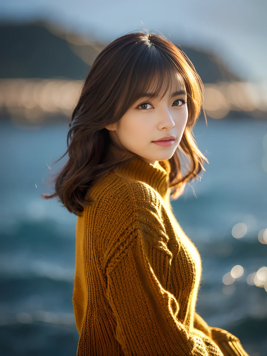 Best Quality、Photo of Pretty Japanese woman、女の子1人、side portrait、Tall lady、slim figure:1.2、Dark brown medium hair、二重まぶた、knitted sweater、Realistic ray light、The background is the sea