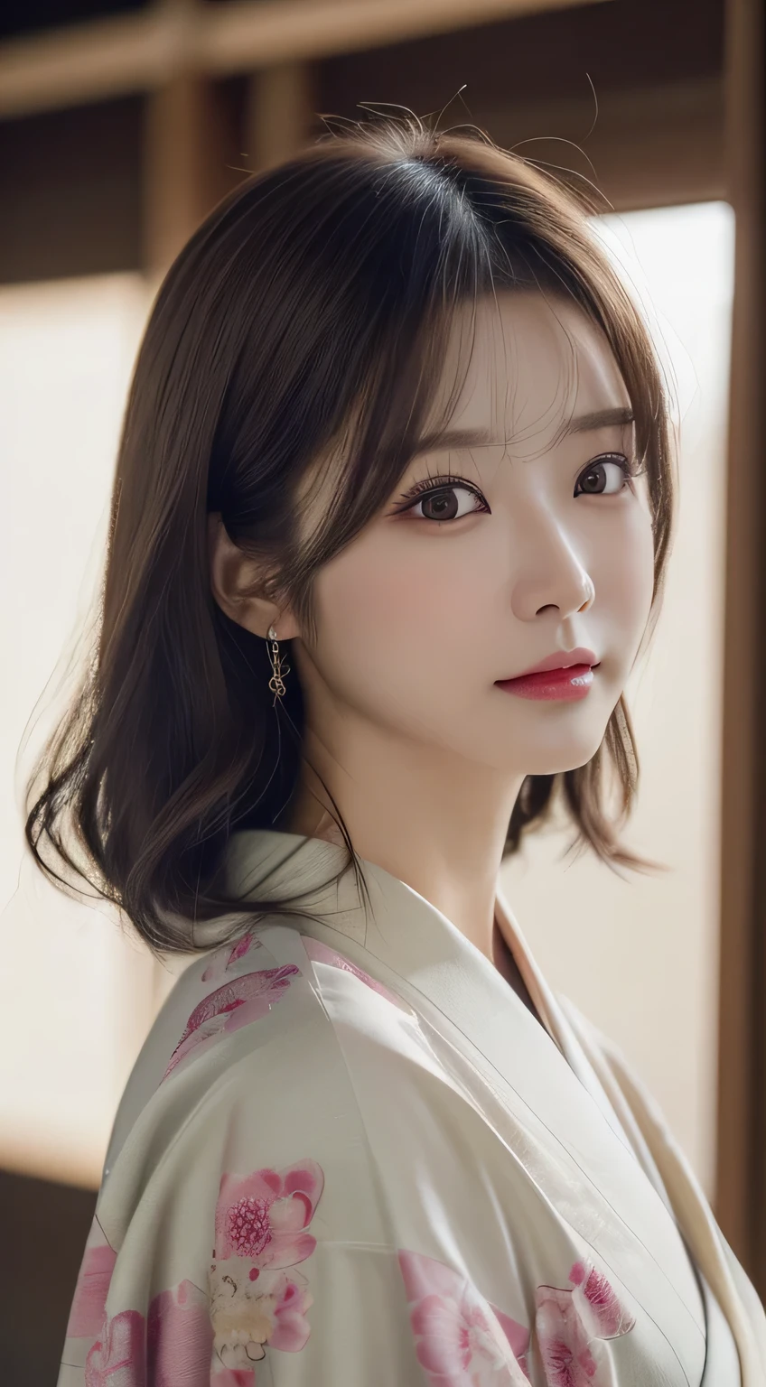 (Kimono)、(23years old)、(top-quality,masterpiece:1.3,超A high resolution,),(ultra-detailliert,Caustics),(Photorealsitic:1.4,RAW shooting,)Ultra-realistic capture,A highly detailed,high-definition16Kfor human skin、 Skin texture is natural、、The skin looks healthy with an even tone、 Use natural light and color、(One Woman)、japanes,,kawaii,A dark-haired,Middle hair,(depth of fields、chromatic abberation、、Wide range of lighting、Natural Shading、)、