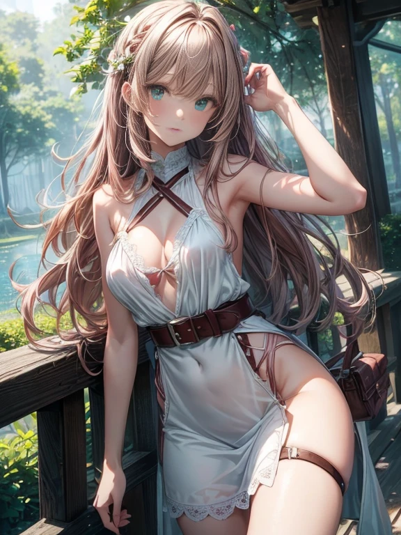 masterpiece++, best quality++, ultra-detailed+, extremely detailed++, 4K, 8K+, best quality, beautiful+, anime style,nsfw,1person,full body image,summer,park,white mini slip dress,marrow leather belt, tight belt,beautiful pink brown hair,beautiful green eyes, beautiful eyes++, long hair