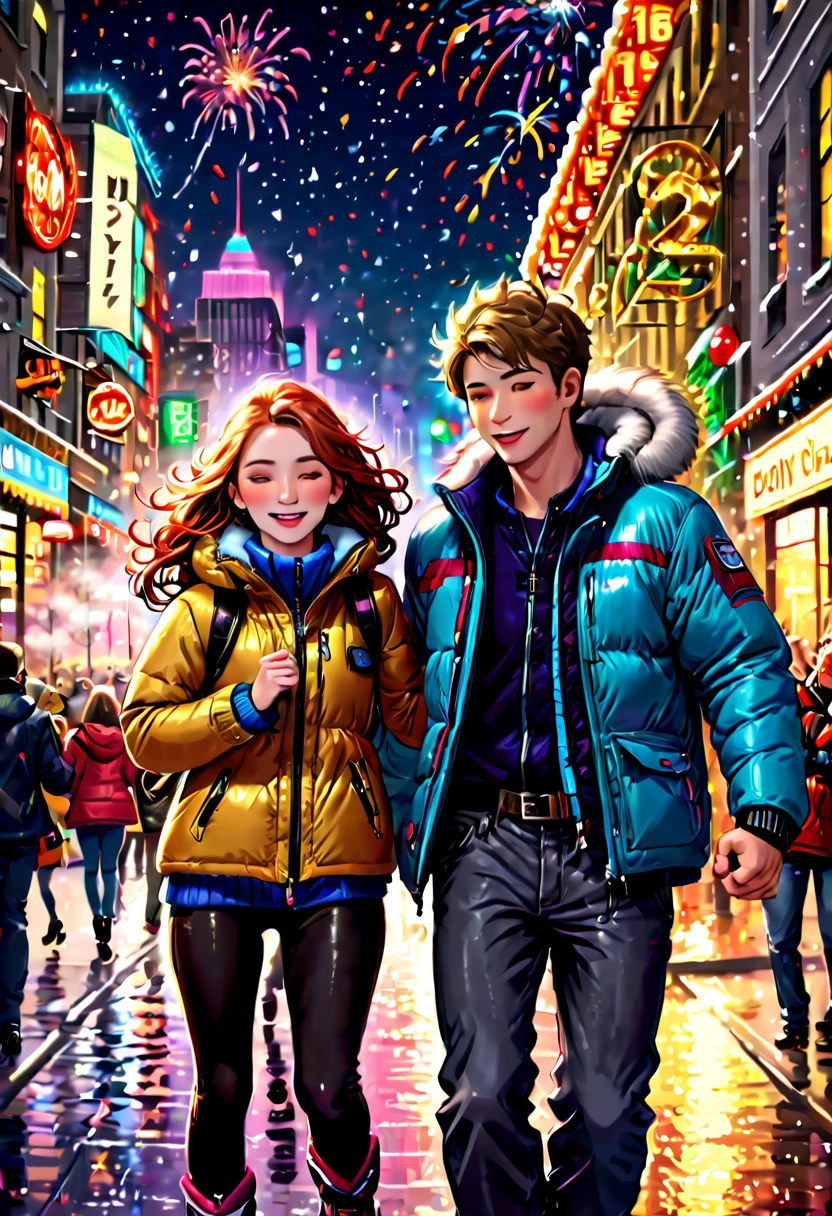 (tmasterpiece),（ultra - detailed:1.3），Best quality，(It's snowing)，(Young couple wearing down jackets walking hand in hand in the bustling city:1.7)，New Year celebrations and decorations，(The brightly lit streets are colorful:1.1)，((countdown clock:1.5))、Fireworks light up the night sky，(Passionate band playing music on stage:1.6)，(Happy crowd dancing and singing)，Joyful mood，feelings of anticipation and excitement，((Fireworks bloom))，((city night scene))，((skyscrapper))，vibrant with colors、Just the right color，1.4x more realism，hyper HD，All shown in this beautiful scene，（The content is very detailed，Reasonable design，Clear lines，High- sharpness，tmasterpiece，offcial art，movie light effect，8K）