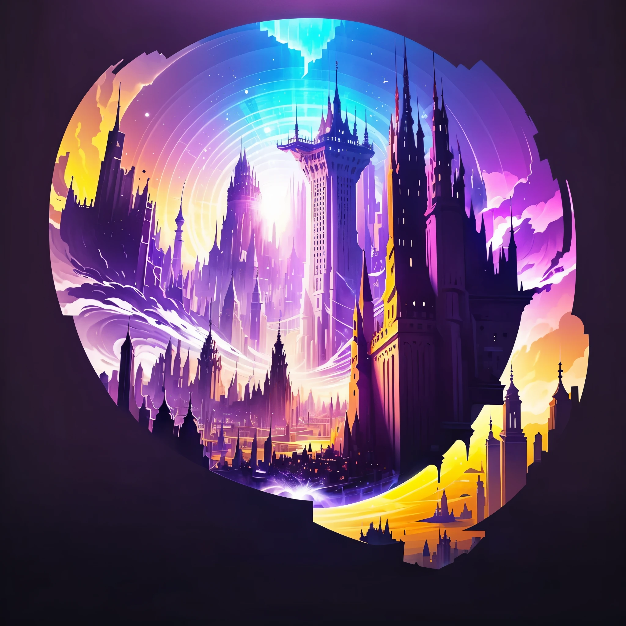 ((master piece)), best quality, (8k, best quality, masterpiece:1.2), ultra-detailed, illustration, big fantasy city, Science fiction, ethereal city, Floating city, many planets in the skies, clouds around, celestial architecture, purple energy scarring around, Giant castle in the center, astral skies