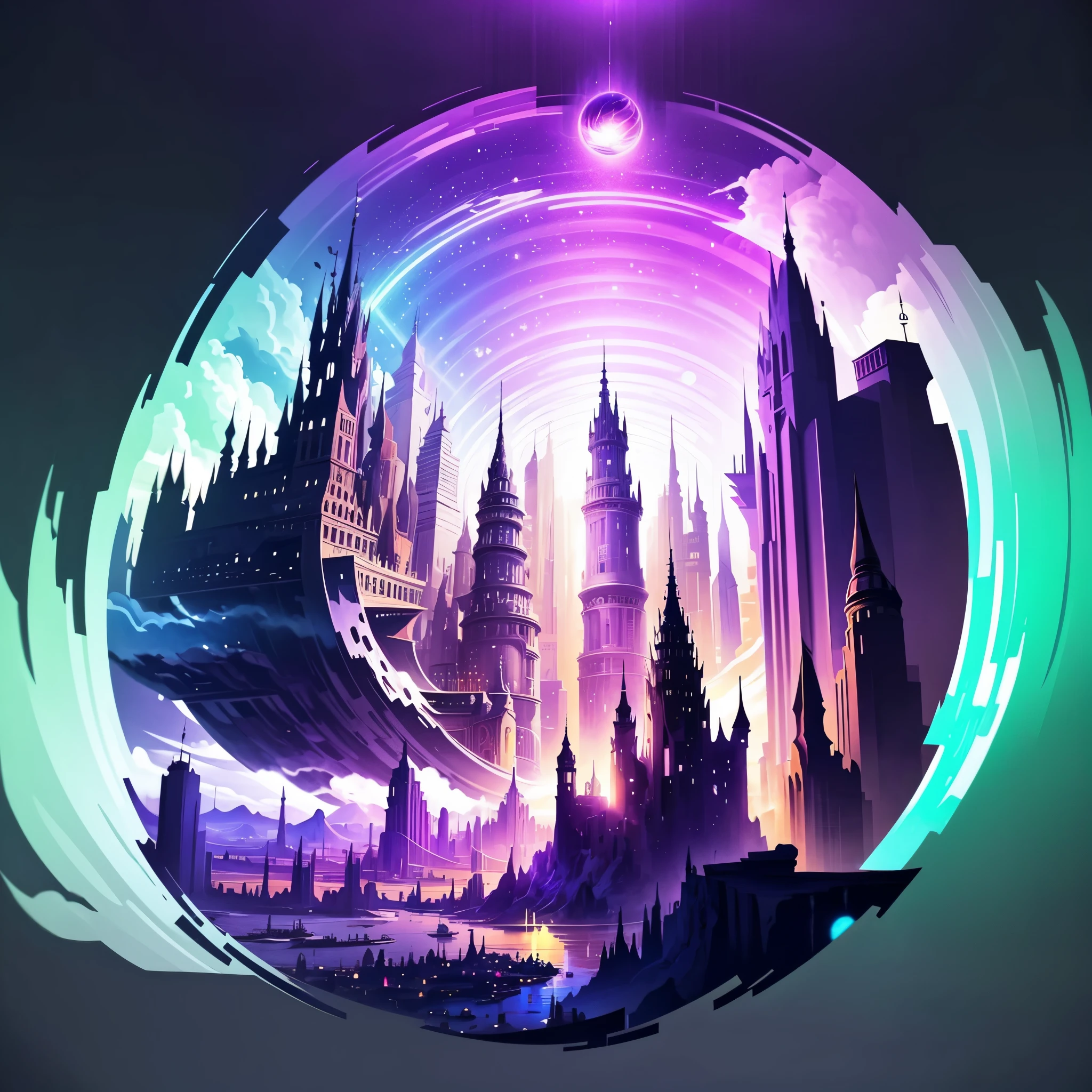 ((master piece)), best quality, (8k, best quality, masterpiece:1.2), ultra-detailed, illustration, big fantasy city, Science fiction, ethereal city, Floating city, many planets in the skies, clouds around, celestial architecture, purple energy scarring around, Giant castle in the center, astral skies