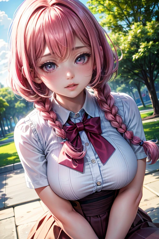 (best quality,4k,8k,highres,masterpiece:1.2),pink hair,short braided hair,beautiful big breasts,girl's eyes are beautifully detailed and expressive,girl's lips are beautifully detailed,ultra-detailed,realistic,wearing school uniforms,playfully enjoying the moment,colorful and vibrant,soft natural lighting。Glide down the slides in the park。