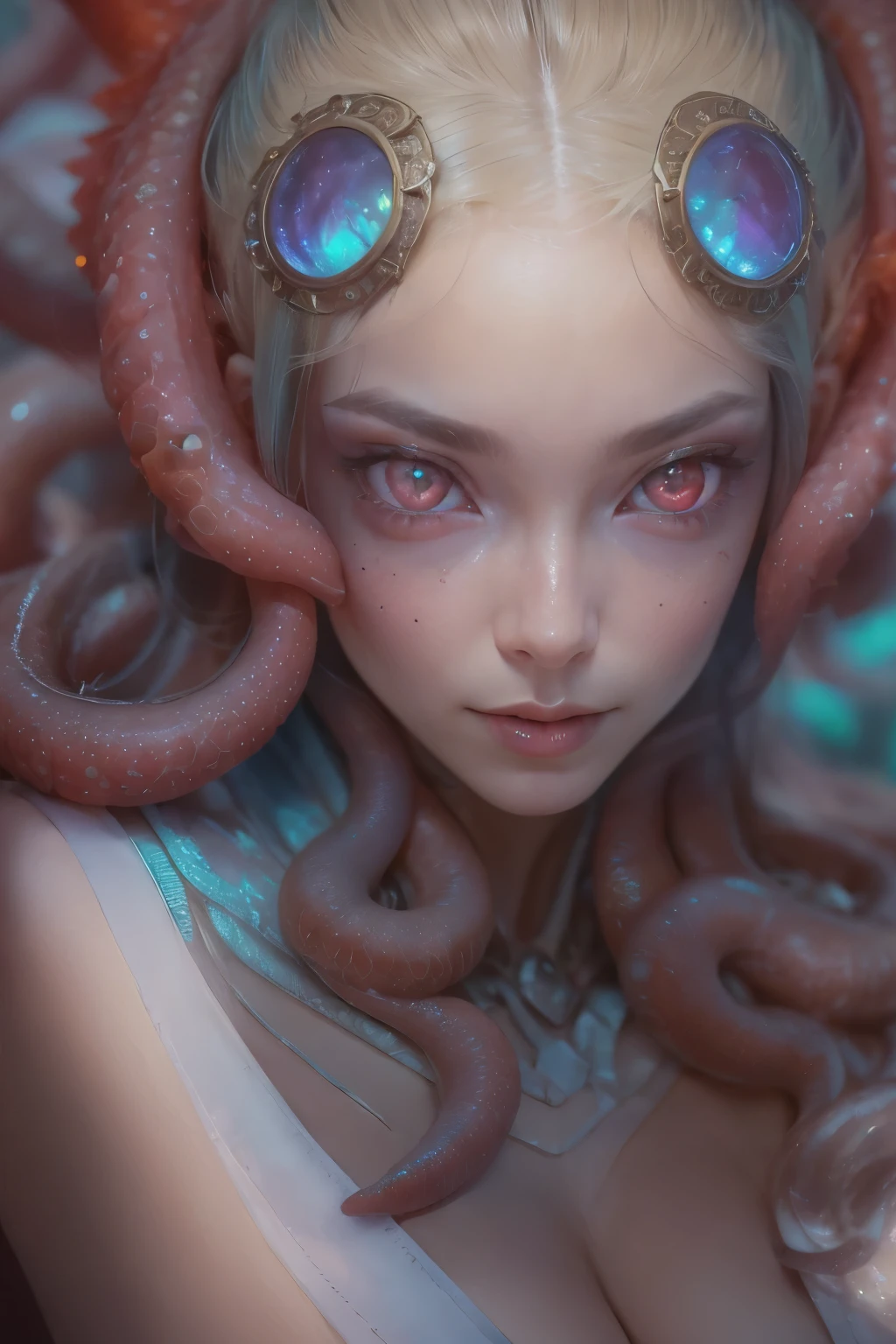 Portrait, (beautiful female alien:1.2), (she has red eyes with no pupils:1.8), (Translucent skin:1.7), (There is a female genital-like organ in the middle of the forehead.:1.9), (The most beautiful face in the history of the universe:1.2),an evil gaze that seduces, (large mouth:1.1), (sharp teeth like a vampire:1.2), Full body like, (bio luminescent:1.5), (Smile wickedly:1.3), (sexypose:1.5), alien, No humans, cells are fused, (Lots of translucent tentacles:1.3) extraterrestrial, cell, bio image, Best Quality, 8K,4K_quality, High Definition, Dramatic Lighting, masutepiece:1.5,cinematic quality, detail up, (Intricate details:1.2), High resolution, High Definition, drawing faithfully, (Thick eyebrows:1.2), Beautiful eyes with fine symmetry,(Highly detailed face and eyes:1.2), Intimate face, (Super detailed skin quality feeling:1.4), Perfect Anatomy, (Beautiful toned body:1.5), (Moist skin:1.2), No makeup, (dark circles:1.1), long canines, cinematic drawing of characters, ultra high quality model, cinematic quality, detail up, (Intricate details:1.2), High resolution, High Definition, drawing faithfully, Official art, Unity 8K wall , 8K Portrait, Best Quality, Very High resolution, ultra detailed artistic photography, midnight aura, unreal enginee 5, Ultra Sharp Focus, art by alberto seveso, ArtGerm, Roisch, intricate artwork, best quality, masutepiece, ultra High resolution, (photos realistic:1.4), Ultra-realistic realism, dream-like, nautilus, Creation of fantasy, Snail, Dream Snail, biopunk nautilus, Thrilling color schemes, Ultra-realistic realism, seductively smiling, Blue tentacles,