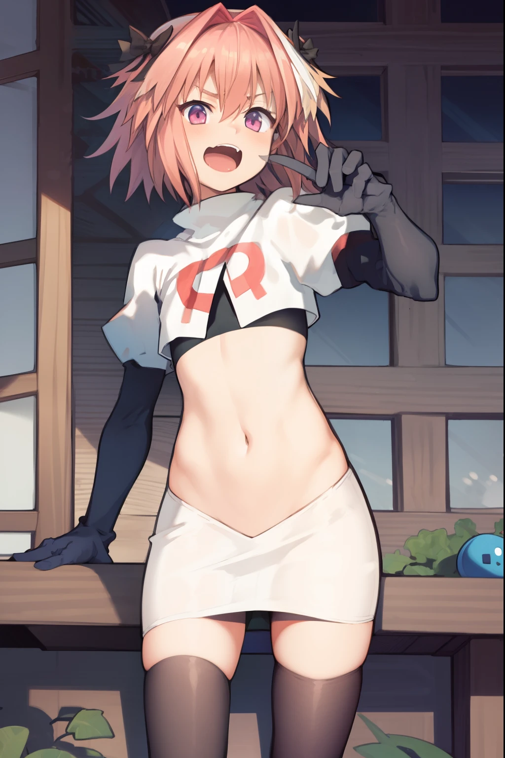 absurdres, masterpiece, best quality, (astolfo fate:1.2155), 1boy, male focus, trap, pink multicolored hair, pink hair, white hair, hair intakes, long hair, pink detailed eyes, crossdressing,1boy, team rocket,team rocket uniform, red letter R, white skirt,white crop top,black thigh-highs,black elbow gloves