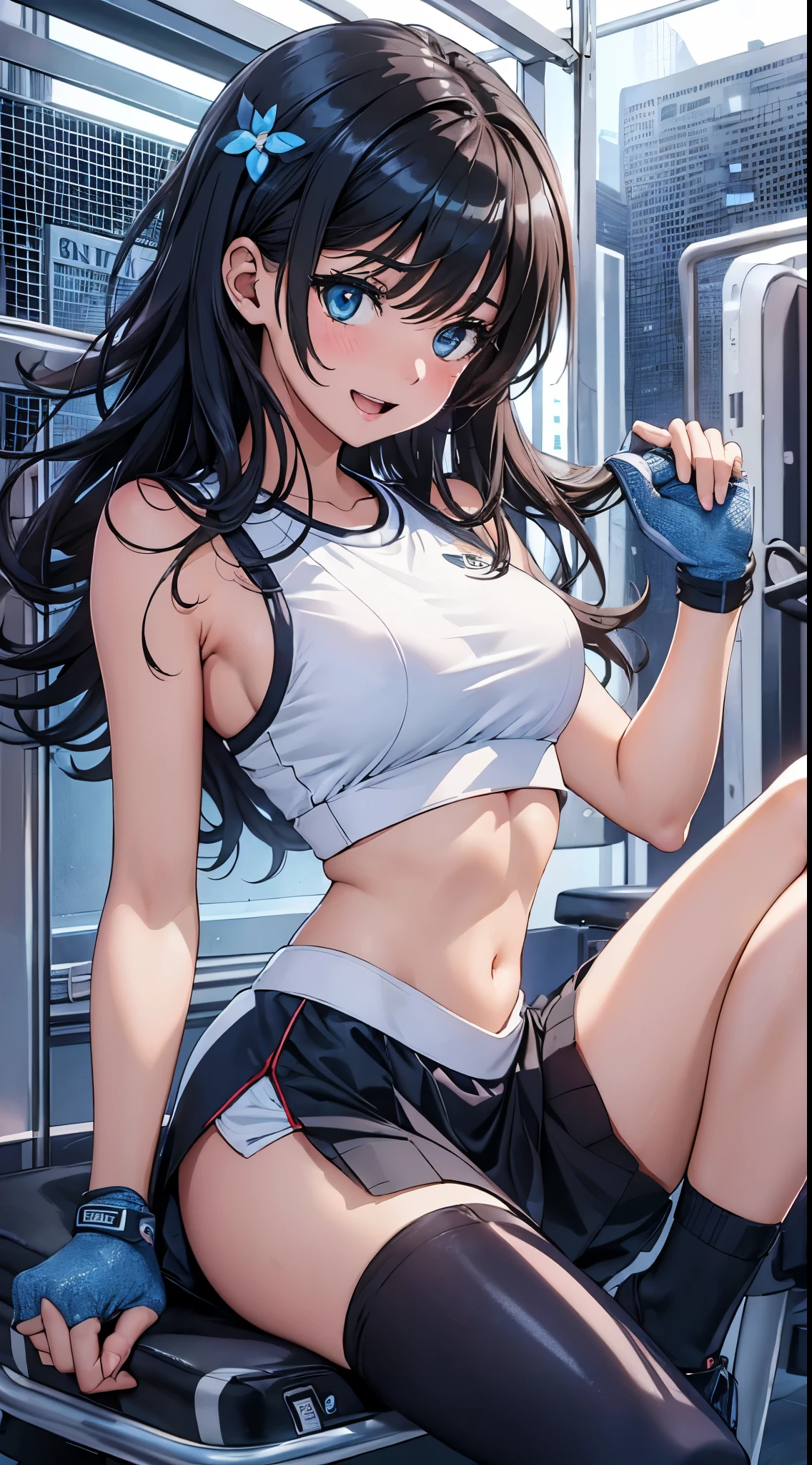 1womanl,Black hair,14years ,(()),Beautiful breasts,(((Sexy white and blue shiny gym clothes and micro skirt)))(())(((Blushing cheeks、Smile with open mouth)),(((Satin Narico))),((( portlate))),Crowds,Shiny white and blue gym clothes and microskirt,wet with sweat
