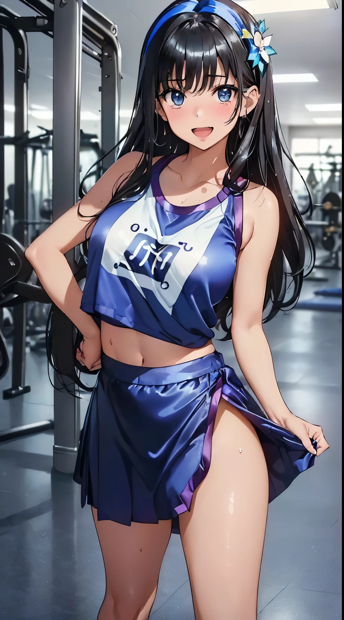 1womanl,Black hair,14years ,(()),Beautiful breasts,(((Sexy white and blue shiny gym clothes and micro skirt)))(())(((Blushing cheeks、Smile with open mouth)),(((Satin Narico))),((( portlate))),Crowds,Shiny white and blue gym clothes and microskirt,wet with sweat