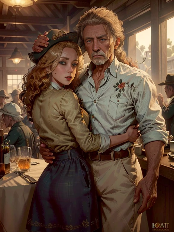 (master part, best quality:1.3) 
RDRAbigail, 1 beautiful blonde girl hugging a 90 year old man, Cabelos Longos, Realistic, Tiro completo , bar na cobertura, noite, Lively and energetic with a mix of natural and artificial light 4k, 8k, trends in artestation, arte