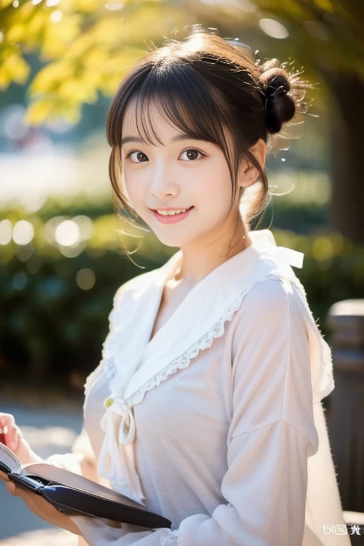 ((masterpiece))), (((Full body photo))), (One beautiful Japan girl, classmates, landscape and innocence,kawaii) ,超A high resolution, Realistic, ultra-detailliert, 8K,top-quality, Extremely detailed, A slender,very beautiful japanese girl, Detailed face:1.3), (Bery short hair,I tied her hair in a bun.,A dark-haired :1.4), (a baby face,kawaii系,adorable 10 year old girl), (Perfect body:1.1), (autumn fashionista), Cute and innocent look,Show your beautiful teeth,Wonderland, rosy cheeks, Sparkling eyes, kawaiiポーズ, in a coffee shop、Cute cake、Coffee slowly steaming、soft afternoon light、Wrapped in the soft light shining through the window、Reading a book,gentle and delicate lighting, Pastel color palette, dreamy ambiance, Magical, Vivid colors, Bokeh,