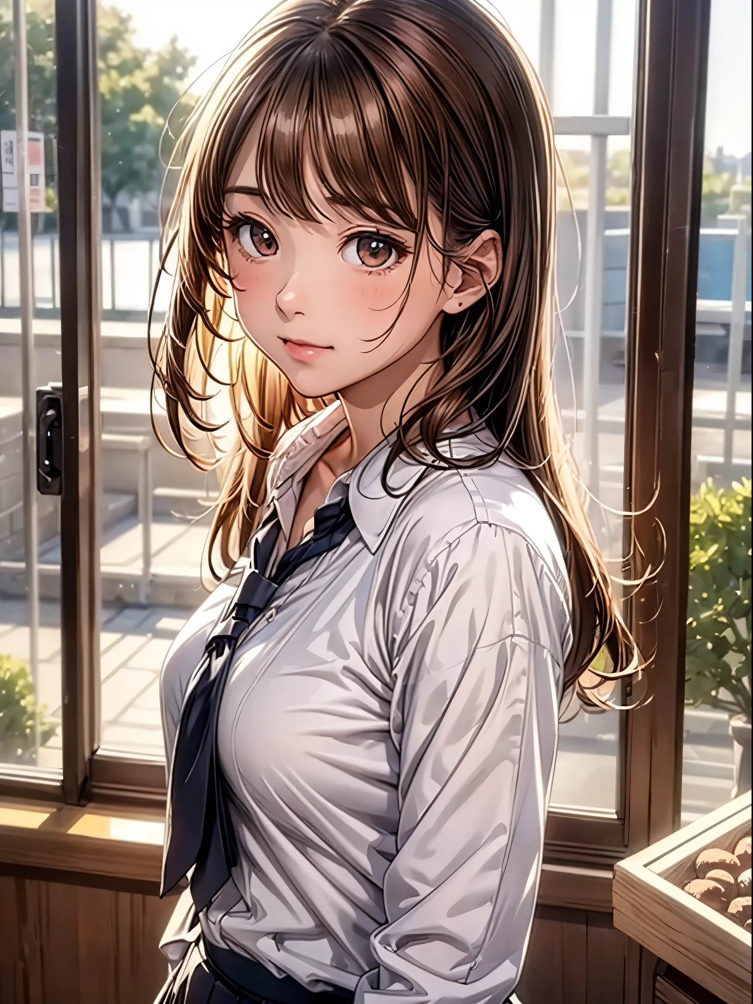 ((masterpiece)), ((best quality)), (ultra-detailed), ((extremely detailed)), 4K, (8K), best quality, (beautiful), anime style, full body, full body focus, office, a cute girl, 1girl, solo, (tareme),cute face, school uniform, open shirts, panties,beautiful light brown hair, beautiful brown eyes, ((beautiful eyes)), medium hair, ashamed, blush, shiny-glistening, gleaming, Professional Lighting