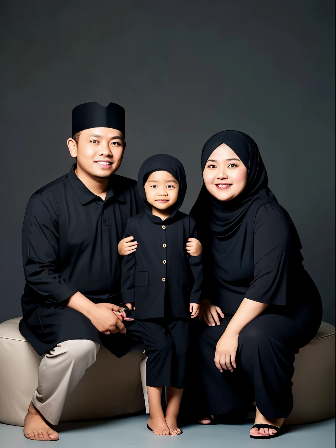 make a photo of an Indonesian couple wearing Muslim clothing. a thin 30 year old man, a 30 year old chubby woman wearing a pose sitting on a chair, without a smile. family portrait, black background, light behind, realistic .full short