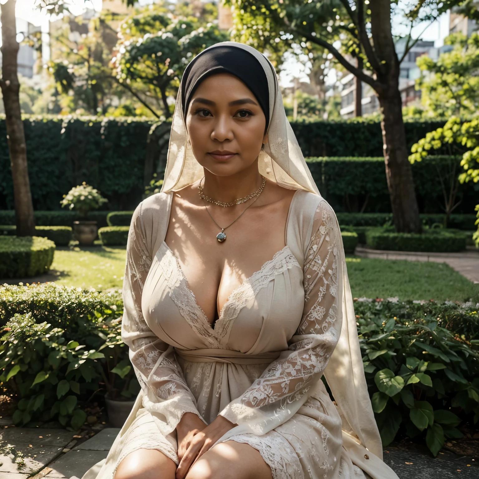 58 Years old, Indonesian mature woman, wearing Wide Hijab, perfect , natural Gigantic Mature breast : 96.9, gorgeous eyes, Soft smile, wear a Lace Gown, No Wearing Bra, necklace, Breast about to burst out, city garden. Day light, at day Time