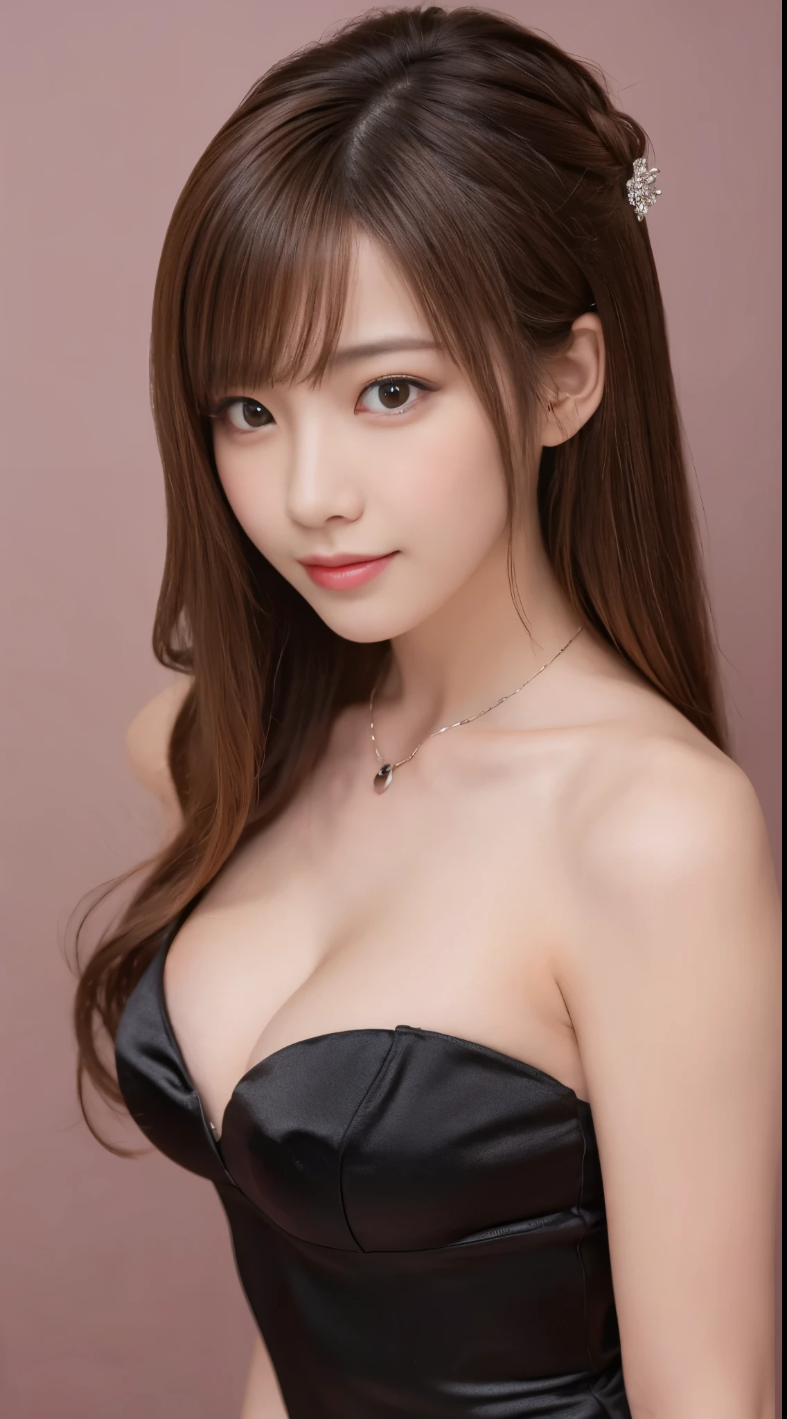 33 year old cute woman､Photos taken by a professional photographer，light brown delicate hair，Medium hair with wavy tips，Fancy makeup with brown eyeshadow，Black dress，round silver necklace，Medium breasts and cleavage，Looking away，Black High Heels，