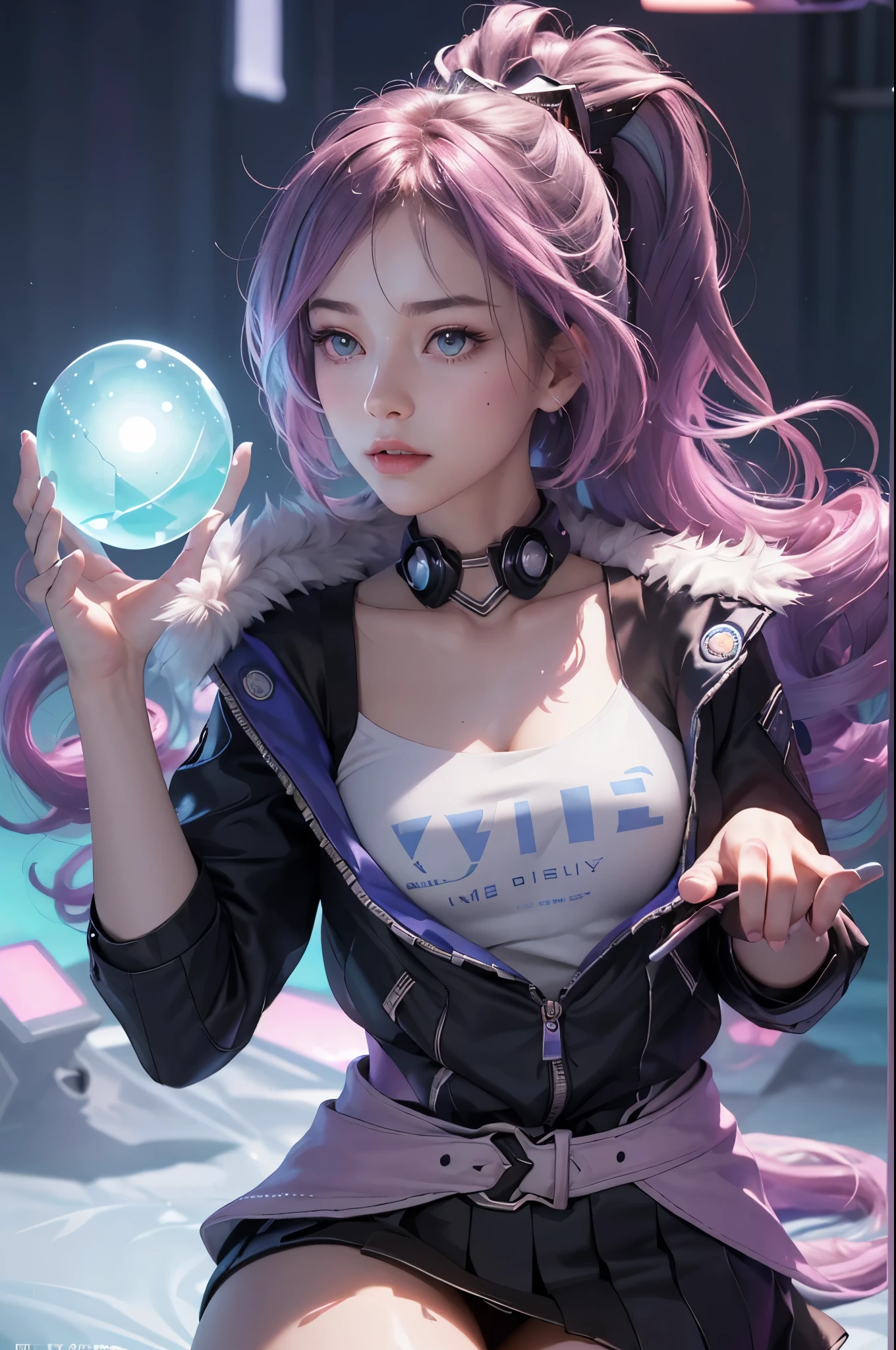 Full body lesbian, 1 slime girl, change, Alone, Eye focuudes exquisite radiance, Pink lens flare, movie background, Colorful, the ultra-detailed, HighDynamicRange, Ultra-detailed eyes, mature, plum,(Supermodel:1.3),(Bioluminescence hair: 1.1), (glowing light eyes), (Cosmetic, Strong, The brilliant colors are absolutely eye-catching, dynamic angle, Beautiful details shine through, ambient light遮蔽, ambient light, ray-traced reflection, vintagestyle, Life arcade characters, Arcade style world, mitts, jaket, arma, short skirt,Martin shoelack mitts, black jaket, guns, Drill your hair, black short skirt, Head mirror, bubble blowing, (Cute face:1.3),SilverWolfV5
