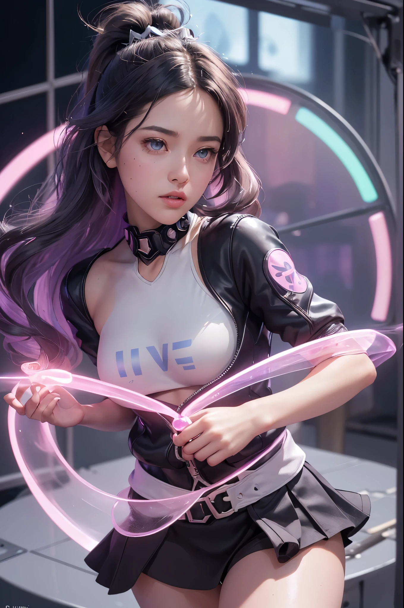 Full body lesbian, 1 slime girl, change, Alone, Eye focuudes exquisite radiance, Pink lens flare, movie background, Colorful, the ultra-detailed, HighDynamicRange, Ultra-detailed eyes, mature, plum,(Supermodel:1.3),(Bioluminescence hair: 1.1), (glowing light eyes), (Cosmetic, Strong, The brilliant colors are absolutely eye-catching, dynamic angle, Beautiful details shine through, ambient light遮蔽, ambient light, ray-traced reflection, vintagestyle, Life arcade characters, Arcade style world, mitts, jaket, arma, short  skirt,Martin shoelack mitts, black jaket, guns, Drill your hair, black short  skirt, Head mirror, bubble blowing,  (Cute face:1.3),SilverWolfV5