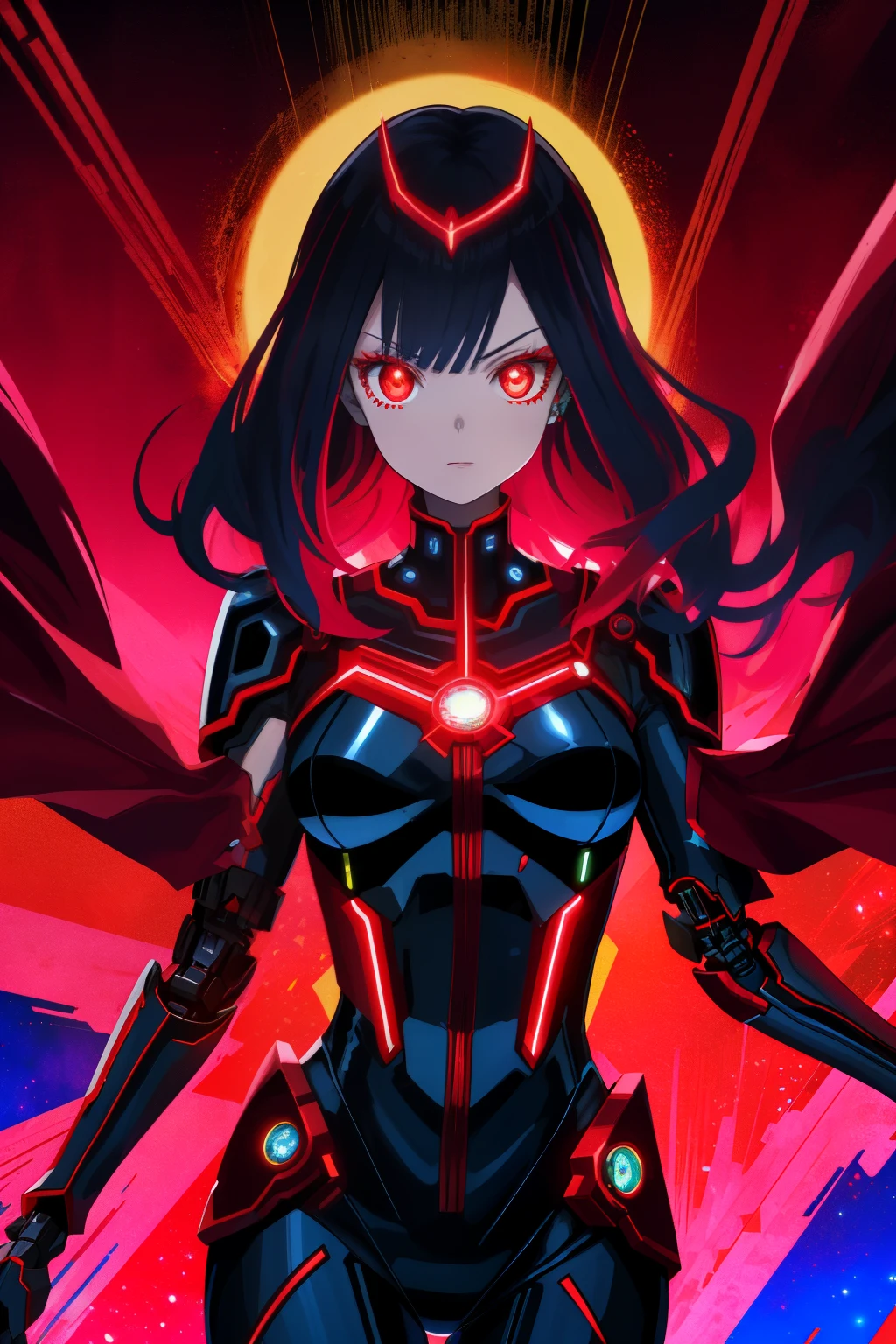 chrometech, metallic female cyborg wearing Patterned Bodysuit, hot rod red Necromancer Robe with Phantasmal stars: Phantasmal stars float around the robe, exuding an godly aura., (Byte red,Bright Midnight color background:1.3)