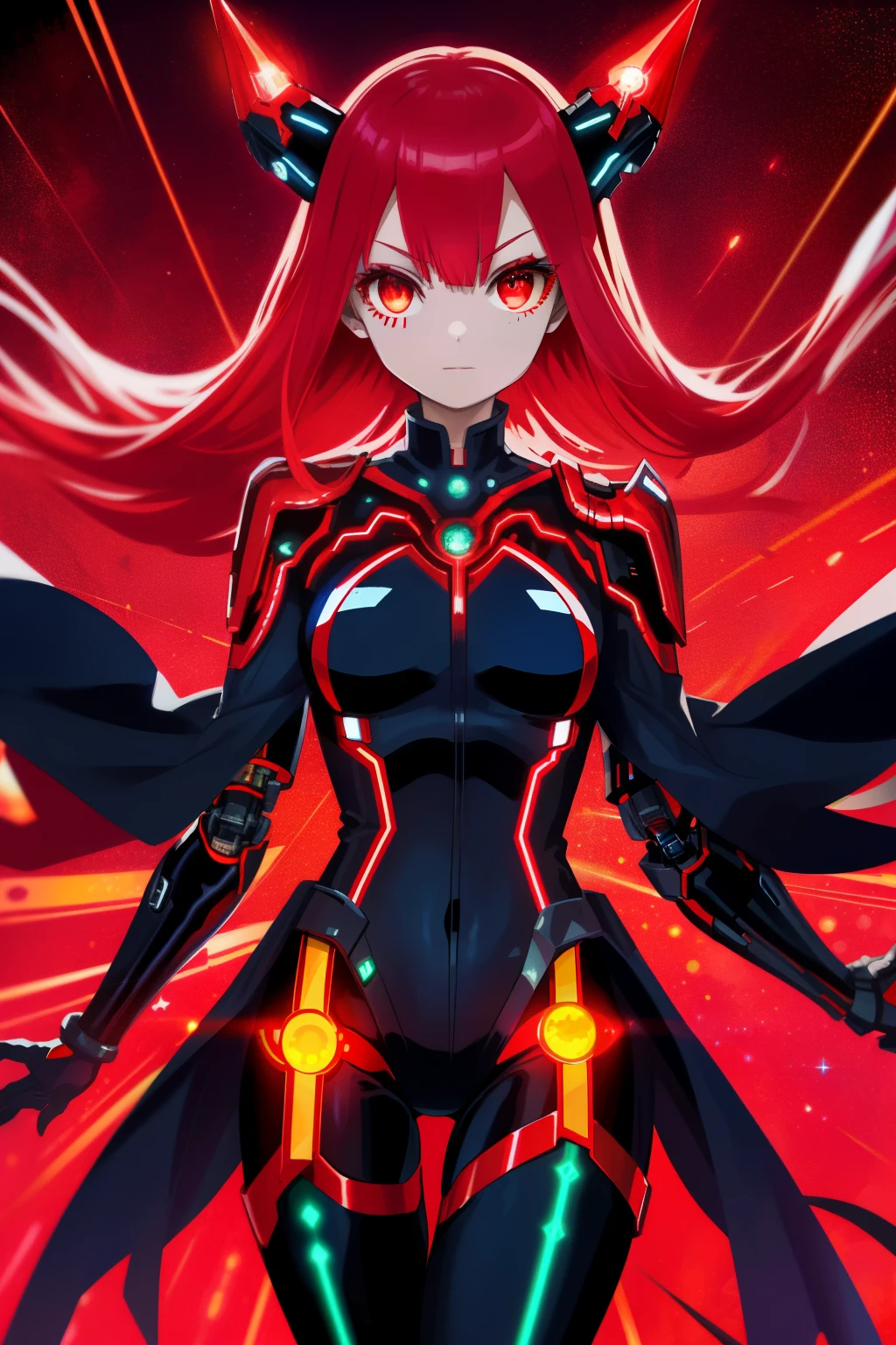 chrometech, metallic female cyborg wearing Patterned Bodysuit, hot rod red Necromancer Robe with Phantasmal stars: Phantasmal stars float around the robe, exuding an godly aura., (Byte red,Bright Midnight color background:1.3)