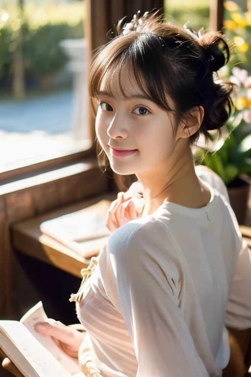 ((masterpiece))), (((Full body photo))), (One beautiful Japan girl, classmates, landscape and innocence,kawaii) ,超A high resolution, Realistic, ultra-detailliert, 8K,top-quality, Extremely detailed, A slender,very beautiful japanese girl, Detailed face:1.3), (Bery short hair,I tied her hair in a bun.,A dark-haired :1.4), (a baby face,kawaii系,adorable 10 year old girl), (Perfect body:1.1), (autumn fashionista), Cute and innocent look,Please show me your beautiful teeth,Wonderland, rosy cheeks, Sparkling eyes, kawaiiポーズ, ((Inside the coffee shop))、Cute cake、slowly steaming coffee、soft afternoon light、Wrapped in the soft light shining through the window、Reading a book,gentle and delicate lighting, Pastel color palette, dreamy ambiance, Magical, Vivid colors, Bokeh,