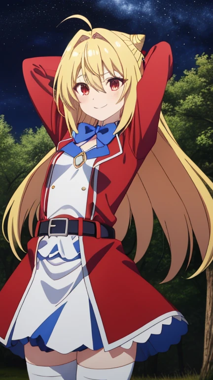 masterpiece, best quality, highly detailed, terakomari, very long hair, blonde hair, red eyes, small breasts, hair bun, ahoge, hair between eyes, hair intakes, blue bow, belt, long sleeves, red jacket, white skirt, white thighhighs, cowboy shot, closed mouth, contrapposto, spread armpits, arms behind head, forest, night sky, shy, smile,