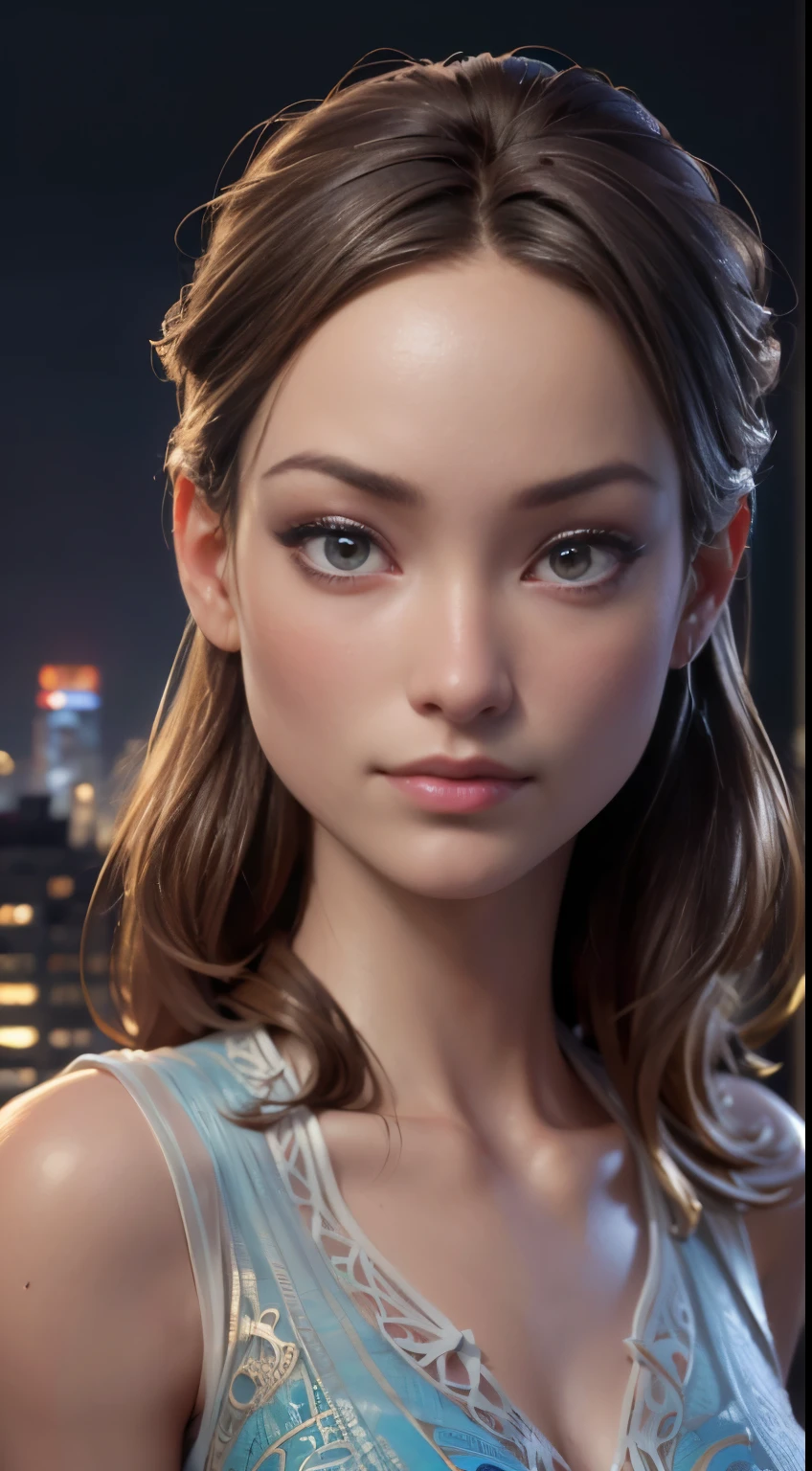 photo of Olivia Wilde, RAW, beautiful woman, ((portrait)), ((detailed face:1.2)), ((detailed facial feature, detailed skin, clear skin), (perfect proportioned body), (wearing a colorful straplessdress) (high detailed city environment, apartment balcony), (realistic photo, best quality, detailed), (8k wallpaper), (cinematic lighting, dramatic lighting) (sharp focus, intricate)