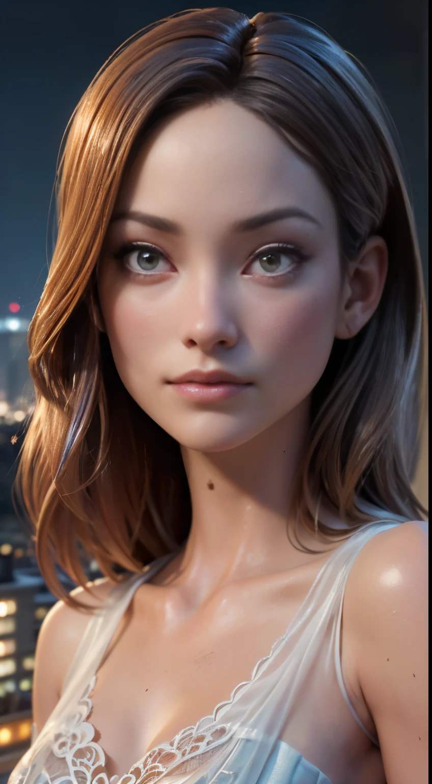 photo of Olivia Wilde, RAW, beautiful woman, ((portrait)), ((detailed face:1.2)), ((detailed facial feature, detailed skin, clear skin), (perfect proportioned body), (wearing a colorful straplessdress) (high detailed city environment, apartment balcony), (realistic photo, best quality, detailed), (8k wallpaper), (cinematic lighting, dramatic lighting) (sharp focus, intricate)