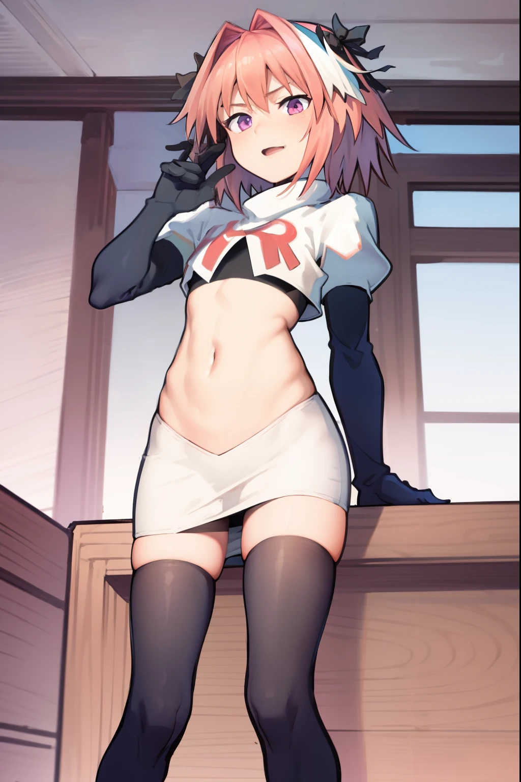 absurdres, masterpiece, best quality, (astolfo fate:1.2155), 1boy, male focus, trap, pink multicolored hair, pink hair, white hair, hair intakes, long hair, pink detailed eyes, crossdressing,1boy, team rocket,team rocket uniform, red letter R, white skirt,white crop top,black thigh-highs,black elbow gloves