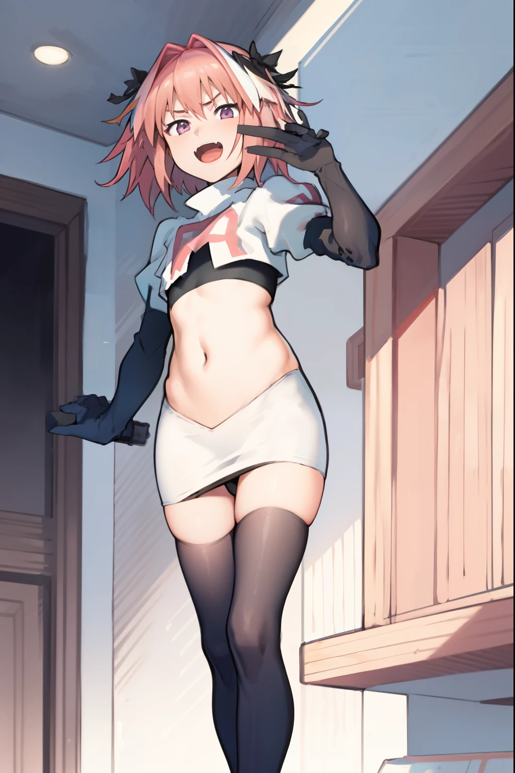 absurdres, masterpiece, best quality, (astolfo fate:1.2155), 1boy, male focus, trap, pink multicolored hair, pink hair, white hair, hair intakes, long hair, pink detailed eyes, crossdressing,1boy, team rocket,team rocket uniform, red letter R, white skirt,white crop top,black thigh-highs,black elbow gloves