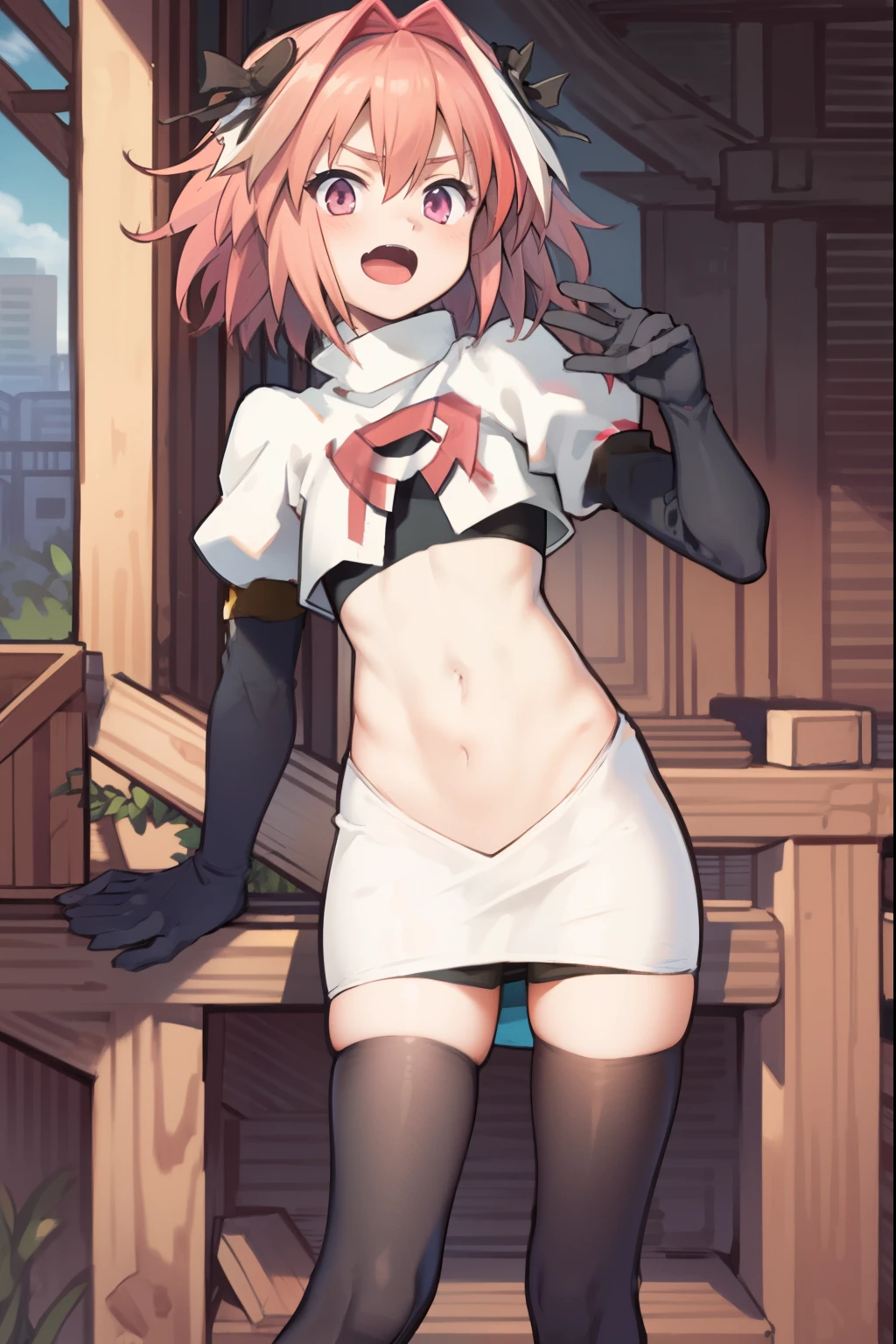 absurdres, masterpiece, best quality, (astolfo fate:1.2155), 1boy, male focus, trap, pink multicolored hair, pink hair, white hair, hair intakes, long hair, pink detailed eyes, crossdressing,1boy, team rocket,team rocket uniform, red letter R, white skirt,white crop top,black thigh-highs,black elbow gloves
